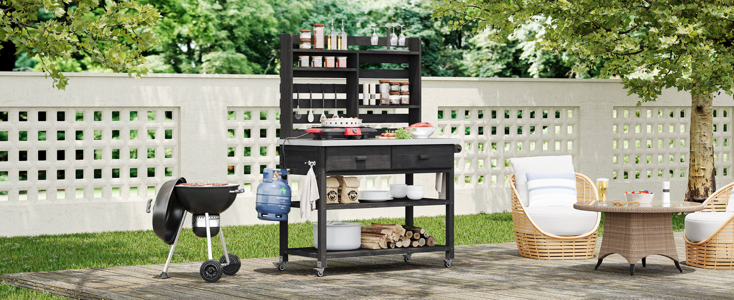 K&K 64.9"H Outdoor Potting Bench Table with Lockable Wheels, Solid Wood Outdoor Kitchen Island with Upper Hutch, Stainless Steel Top, Towel Rack,Outdoor Storage for Grilling, Lawn Garden -Black image 7