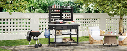 K&K 64.9"H Outdoor Potting Bench Table with Lockable Wheels, Solid Wood Outdoor Kitchen Island with Upper Hutch, Stainless Steel Top, Towel Rack,Outdoor Storage for Grilling, Lawn Garden -Black image 7