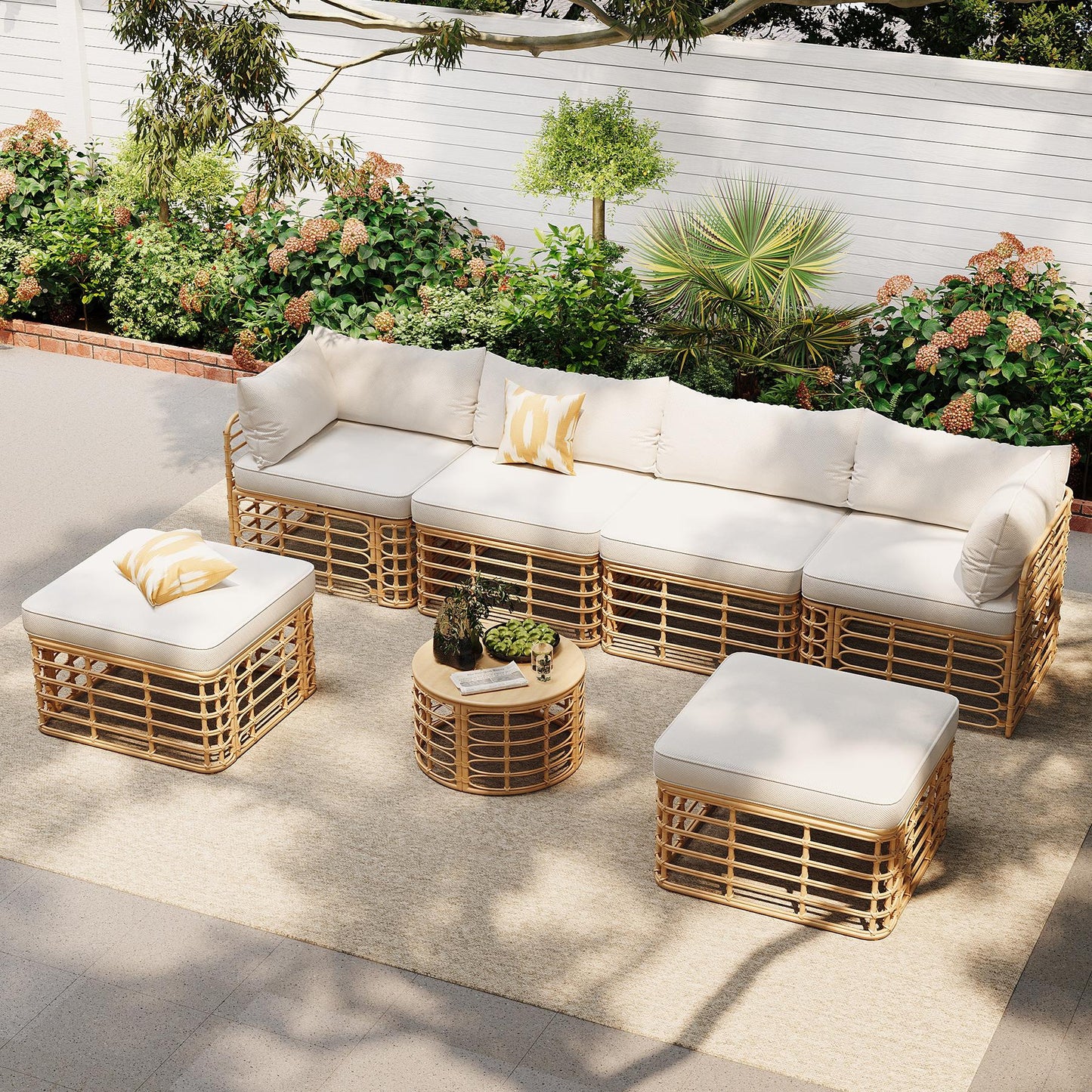 GO 7 Pieces Outdoor Patio Furniture, All-Weather Rattan Sectional Sofa Set with Thick Cushions and Pillows, Freely Combined Conversation Sets for Garden, Backyard, Balcony, Beige image 2