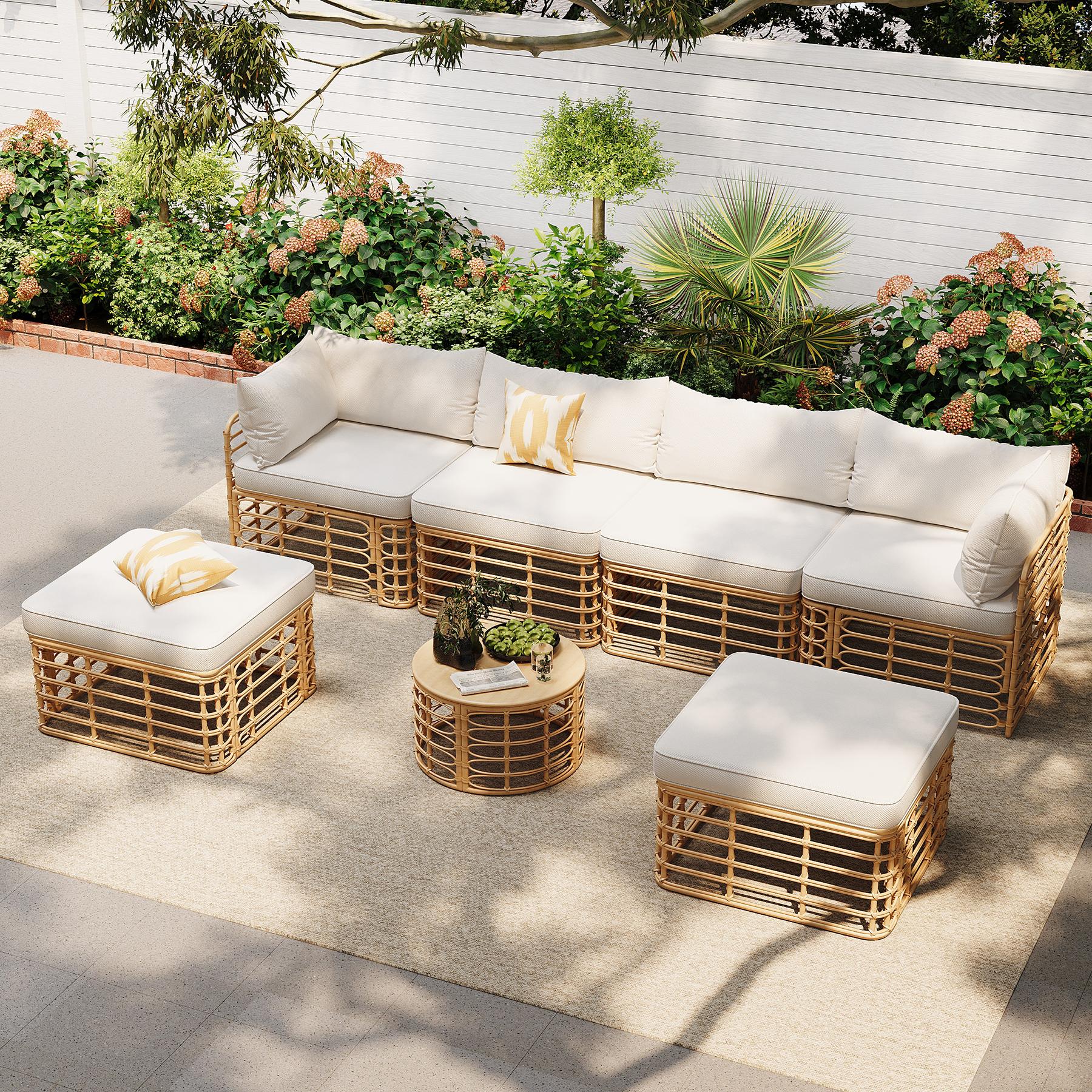 GO 7 Pieces Outdoor Patio Furniture, All-Weather Rattan Sectional Sofa Set with Thick Cushions and Pillows, Freely Combined Conversation Sets for Garden, Backyard, Balcony, Beige image 2