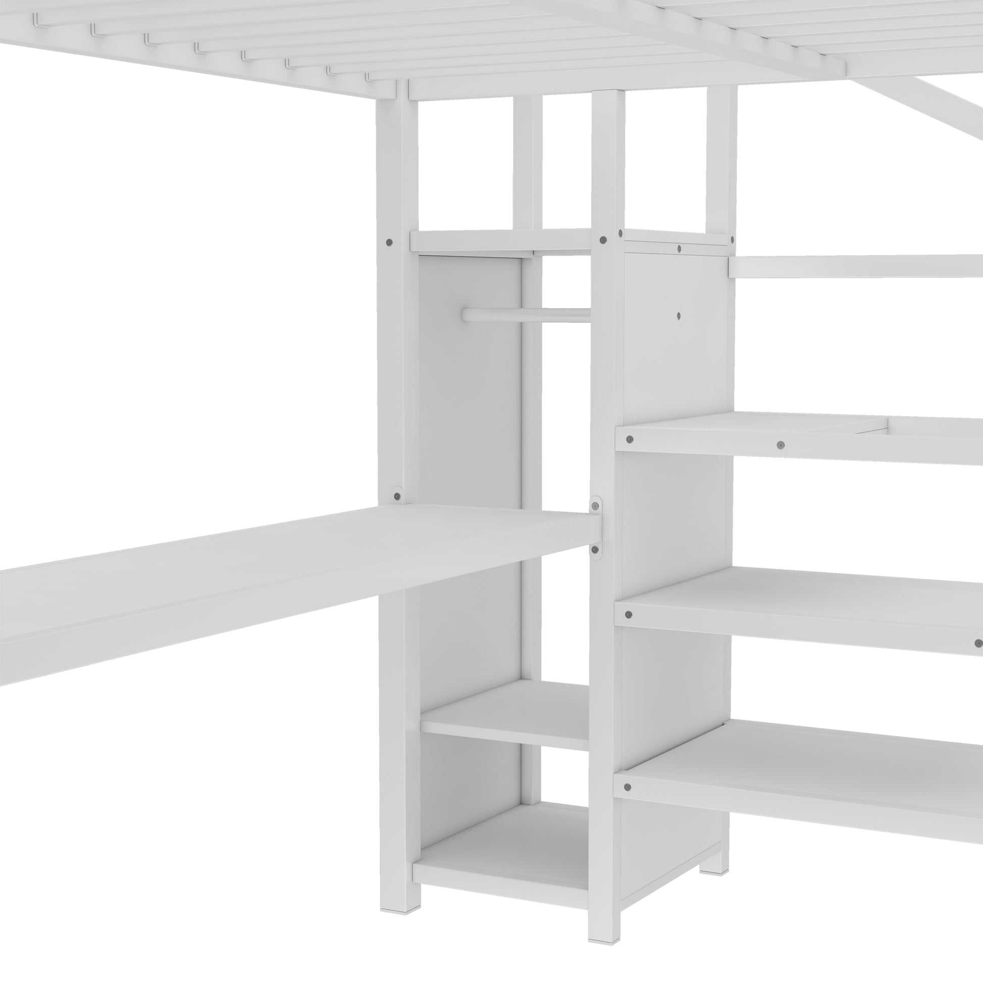 Queen Size Loft Bed with L-shaped Desk and USB, Metal Loft Bed with Wardrobe and Adjustable Shelf, High Loft Bed with LED for Kids Teens Adults, White image 10