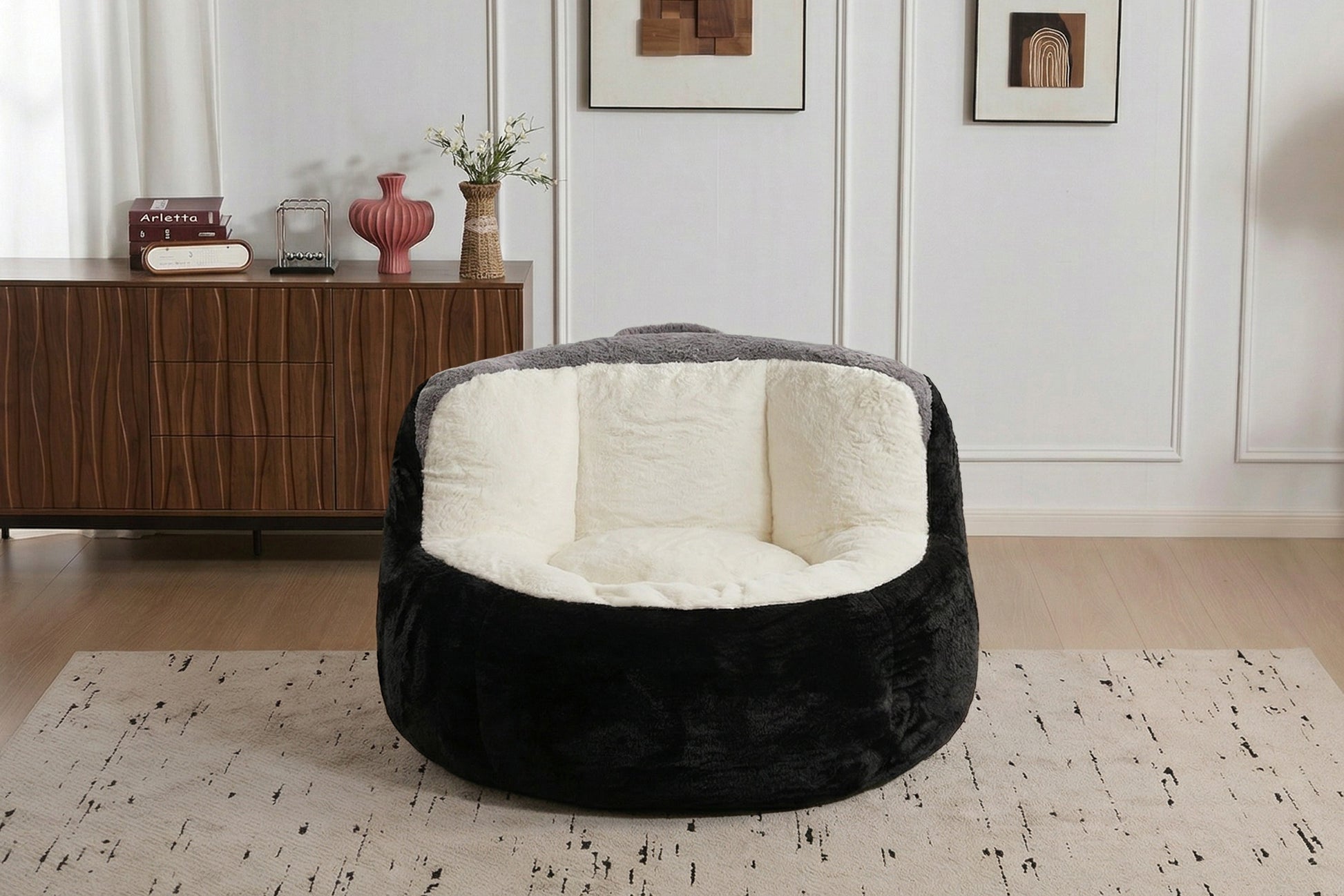 Oversized Bean Bag Chairs,Multicolor Faux Fur Couch Filled with Shredded Sponge,Large Lounger Sofa For Living Room,No Assembly Required, Black+White+Grey image 12