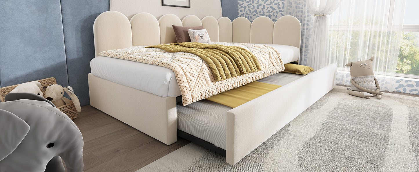 Upholstered Bed Daybed With Pull-Out Bed, Twin Size Single Sofa Bed,Guest Beds For Adults and Children, Bed With Metal Slatted Frame, Velvet, Beige (Without Mattress) image 3