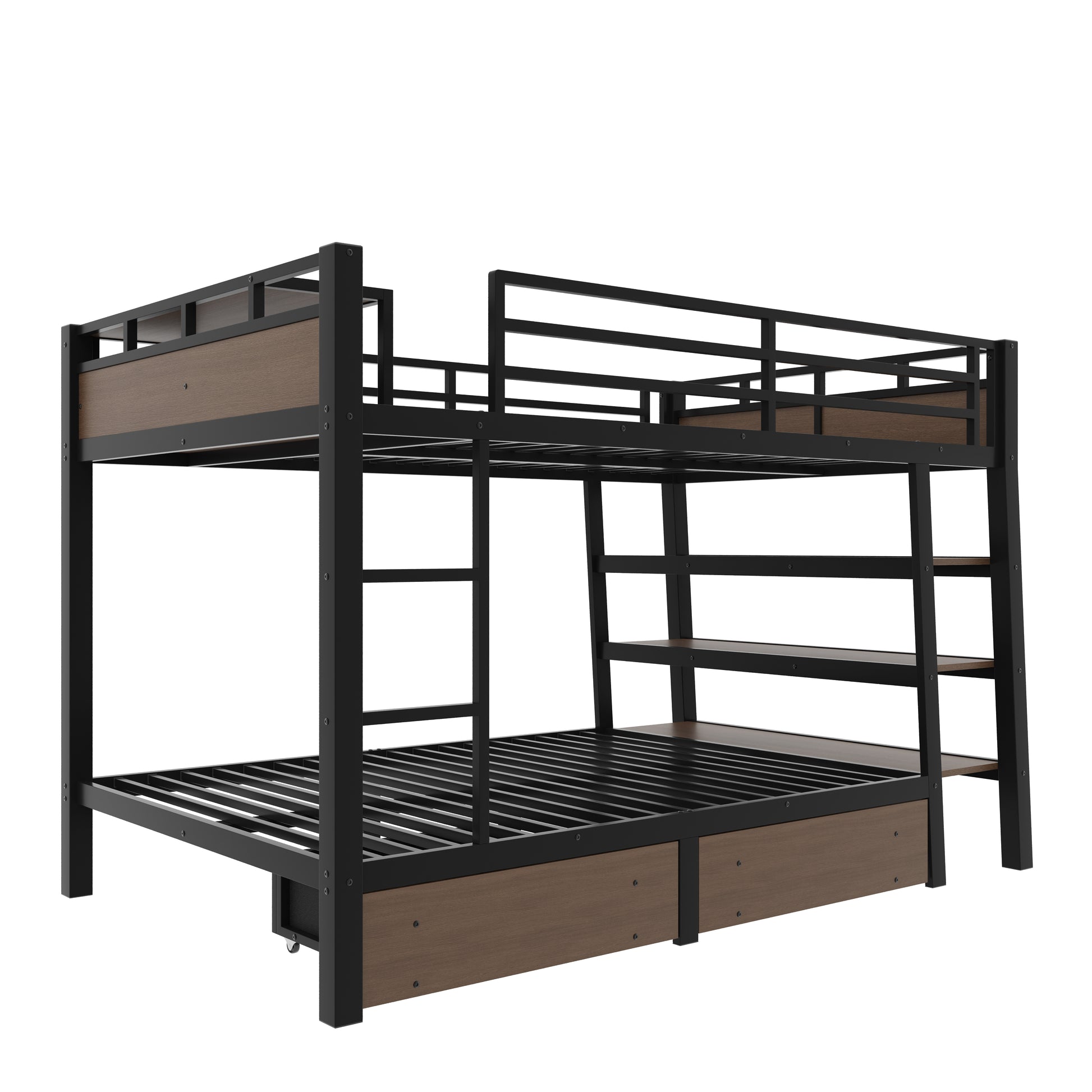 Full Size Metal Bunk Bed with Storage Shelves, LED light strip, and USB power strip, black image 9