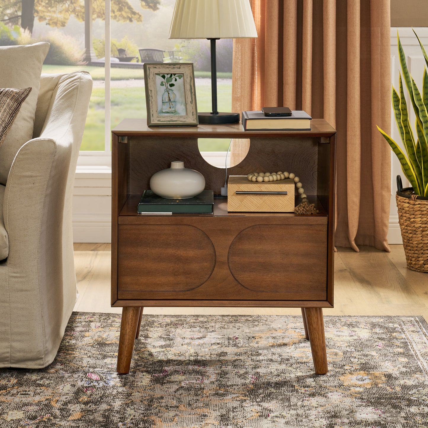 Mid Century Modern Fluted Nightstand with Charging Station USB Ports & Outlet Hole & 4 Solid Wood Legs, Farmhouse End Table with Open Space and Drawer Dresser, Walnut image 3