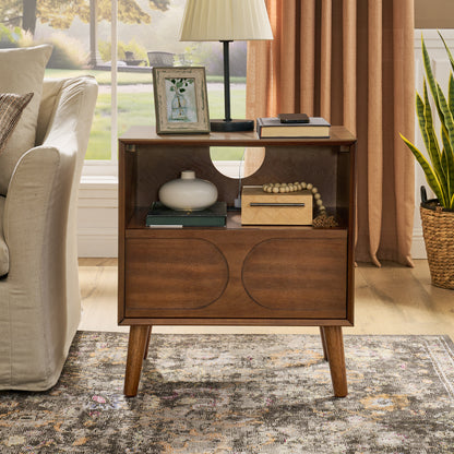 Mid Century Modern Fluted Nightstand with Charging Station USB Ports & Outlet Hole & 4 Solid Wood Legs, Farmhouse End Table with Open Space and Drawer Dresser, Walnut image 3