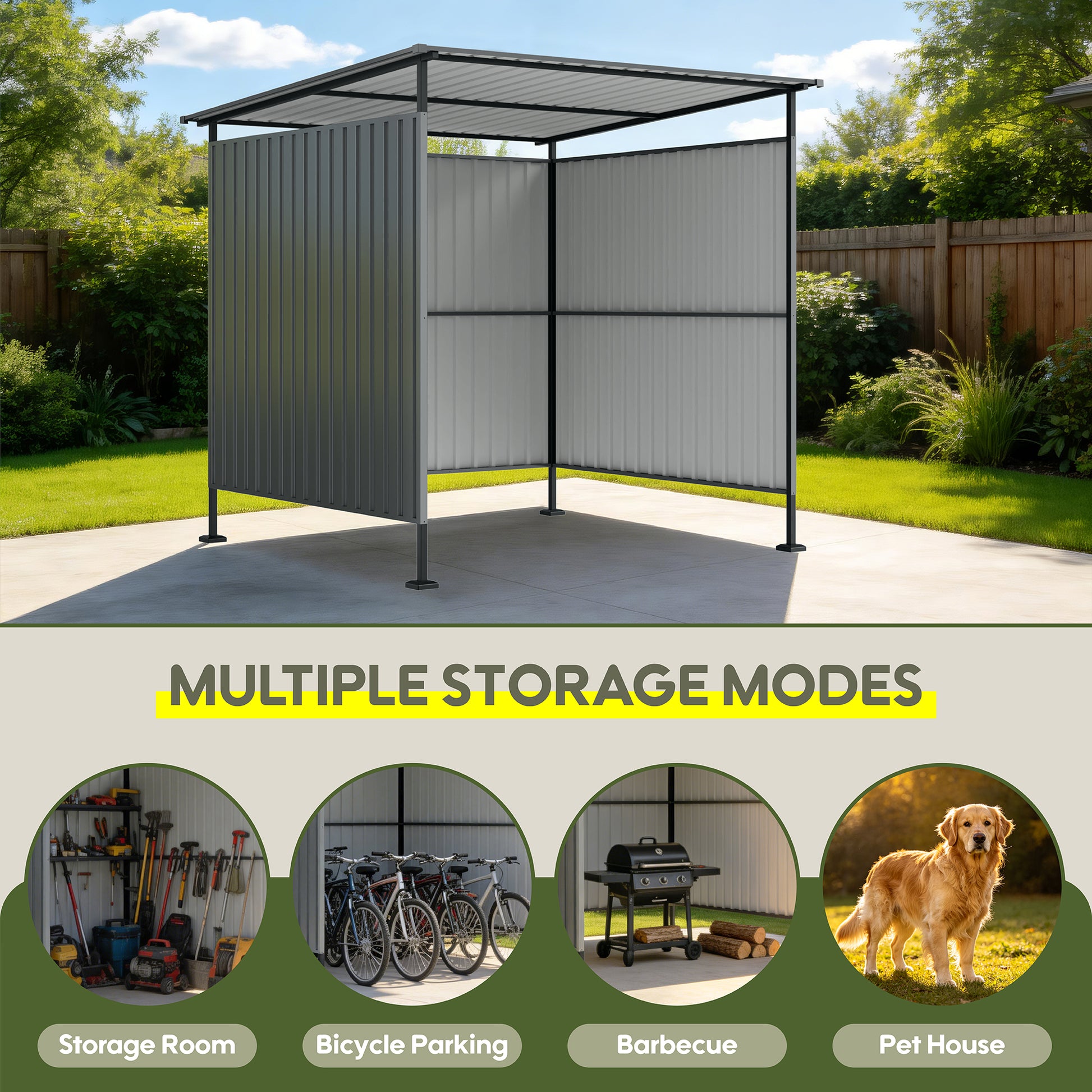 6x6FT Outdoor Pergola with Hardtop Roof, Lean-to Metal Grill Gazebo & Bike Storage Shed, Heavy Duty Patio Awning Shelter for Backyard, Deck, Lawn, BBQ & Pets image 3
