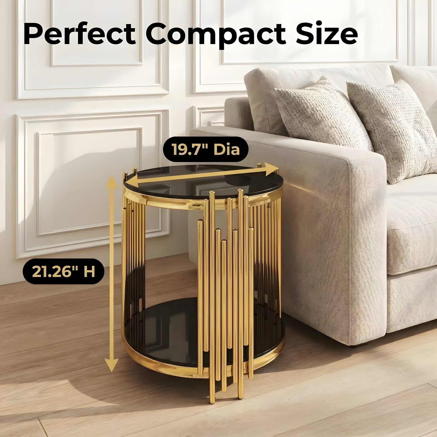 19.7" Round Glass End Table, 2-Tier Gold Side Table with Stainless Steel Legs and Black Tempered Glass, Modern Luxury End Table for Living Room Home Office image 5