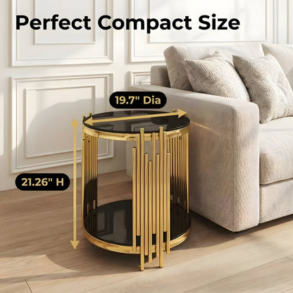 19.7" Round Glass End Table, 2-Tier Gold Side Table with Stainless Steel Legs and Black Tempered Glass, Modern Luxury End Table for Living Room Home Office image 5