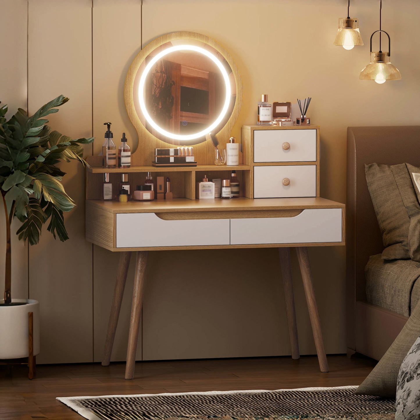 Makeup Vanity Desk with 3 Adjustable Lighted Mirror with solid wood table feet, Dressing Table Set with 4 drawers and 3 open shelves for Small space Bedroom image 3