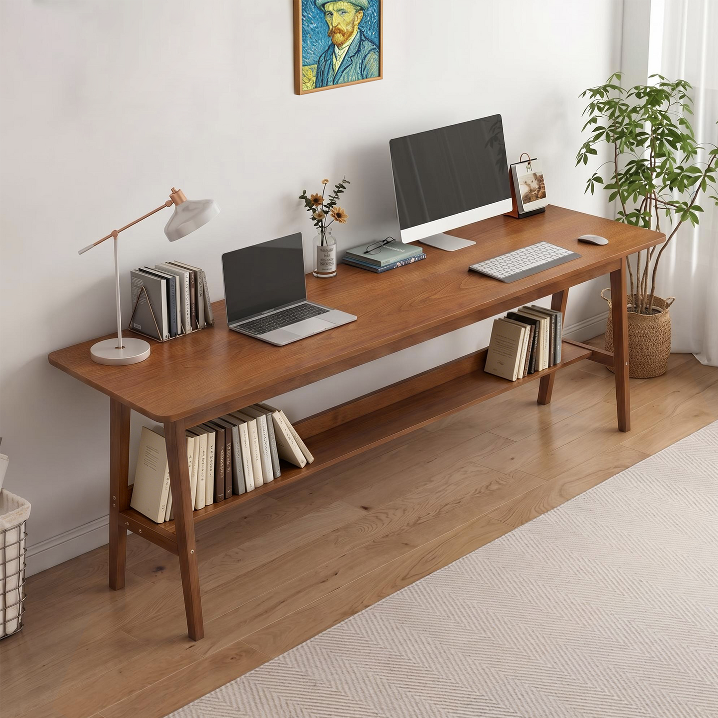 63" Simple Modern Extra Long 2 Person Computer Workstation, Mid Century Long Desk Table with Storage Shelves for Home Office Use in Walnut image 1