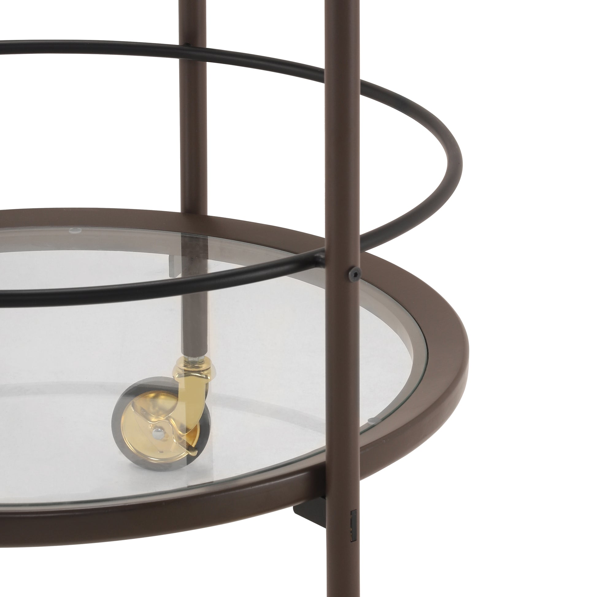 Modern Coffee Brown Round Bar Cart with Tempered Glass Shelves and Gold Locking Casters image 9