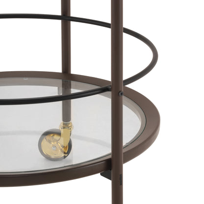 Modern Coffee Brown Round Bar Cart with Tempered Glass Shelves and Gold Locking Casters image 9