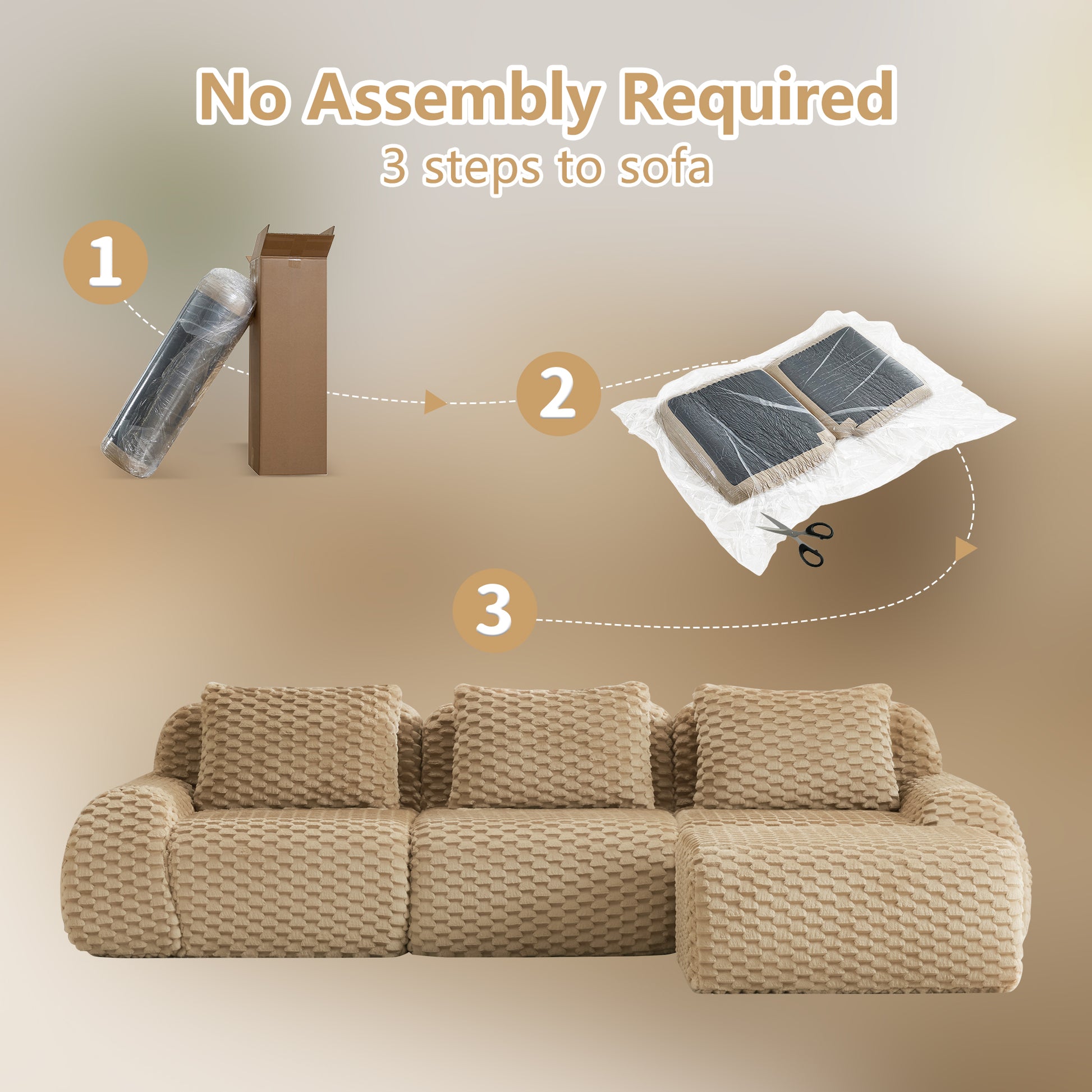 114" Modern L-Shaped Modular Sectional Sofa for Living Room,Flannelette Fabric,Oversized 3-Seater Couch,boneless sofa,Movable Ottoman,Buckle connection,Anti-slip Design,No Assembly,Light Camel image 10