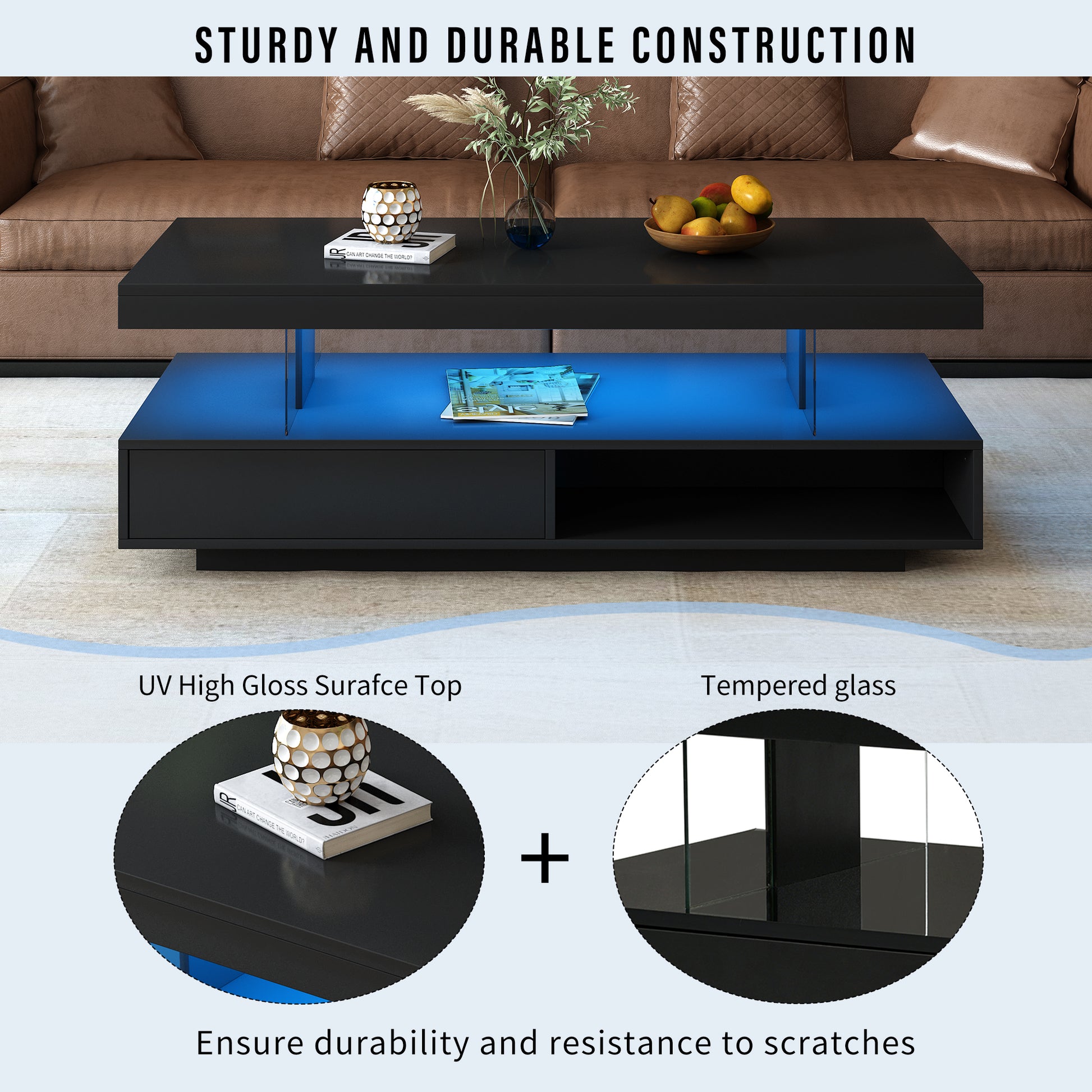 VIBE HAUS LED Coffee Table with Storage, Modern Center Table with 2 Drawers and Display Shelves, Accent Furniture with LED Lights for Living Room,Black image 4