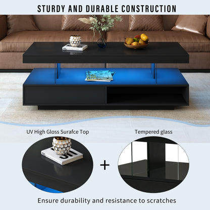 VIBE HAUS LED Coffee Table with Storage, Modern Center Table with 2 Drawers and Display Shelves, Accent Furniture with LED Lights for Living Room,Black image 4