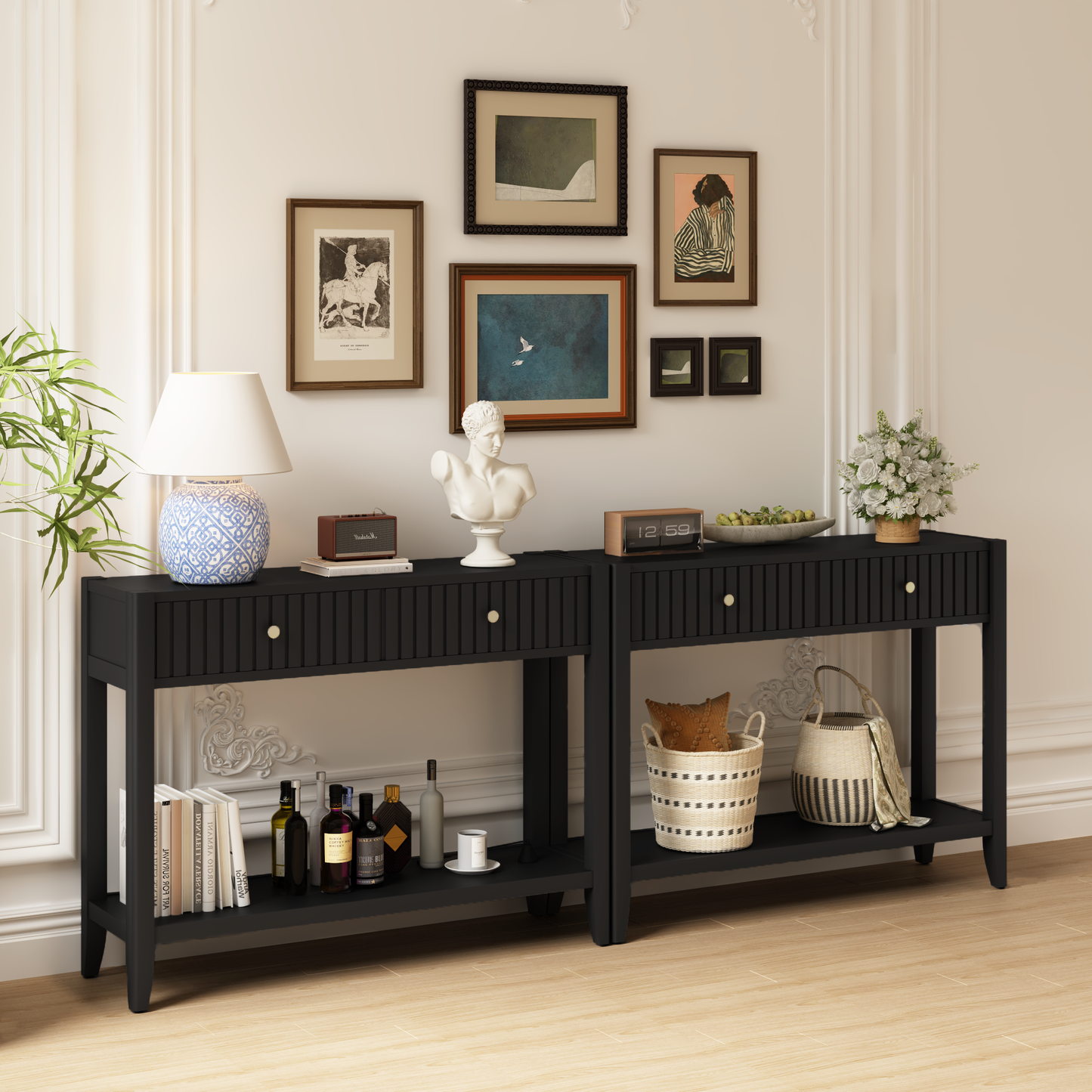 29.53" Tall Console Table with Drawers, Narrow Wood Accent Sofa Table Entryway Table with Storage Shelf for Entryway, Front Hall, Hallway, Living Room, Black image 7