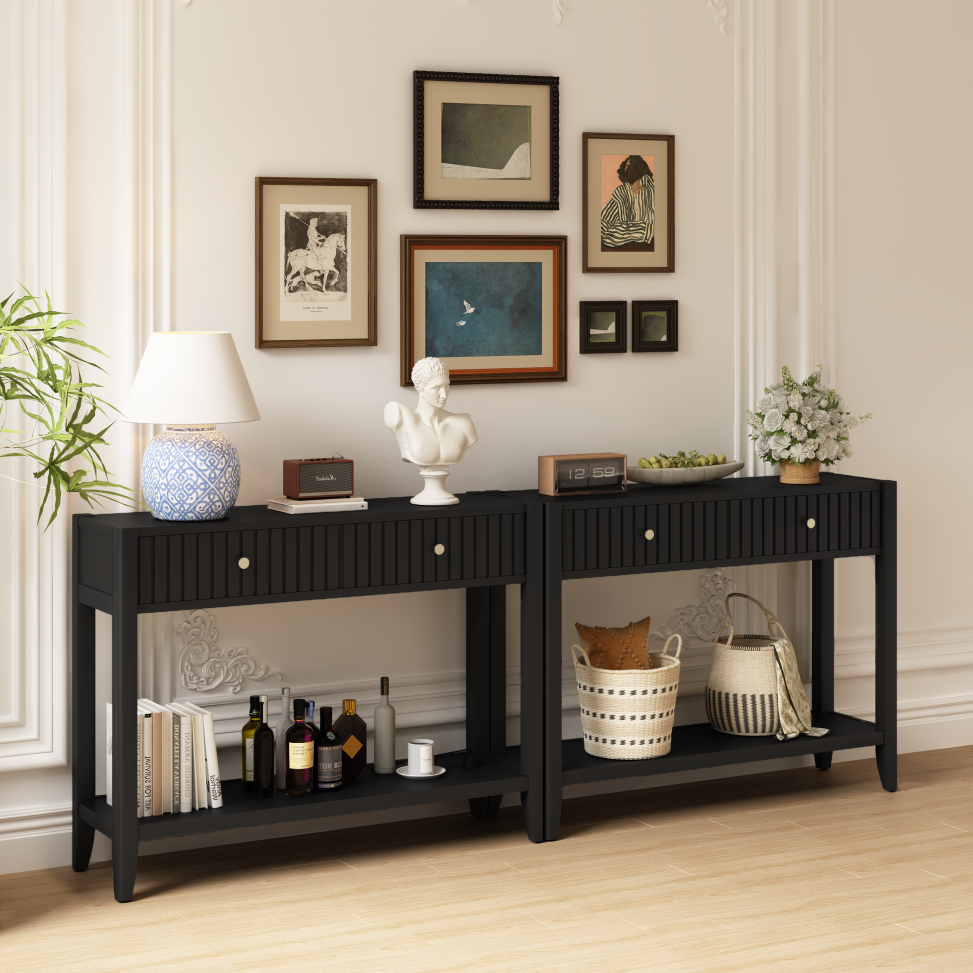 29.53" Tall Console Table with Drawers, Narrow Wood Accent Sofa Table Entryway Table with Storage Shelf for Entryway, Front Hall, Hallway, Living Room, Black image 7