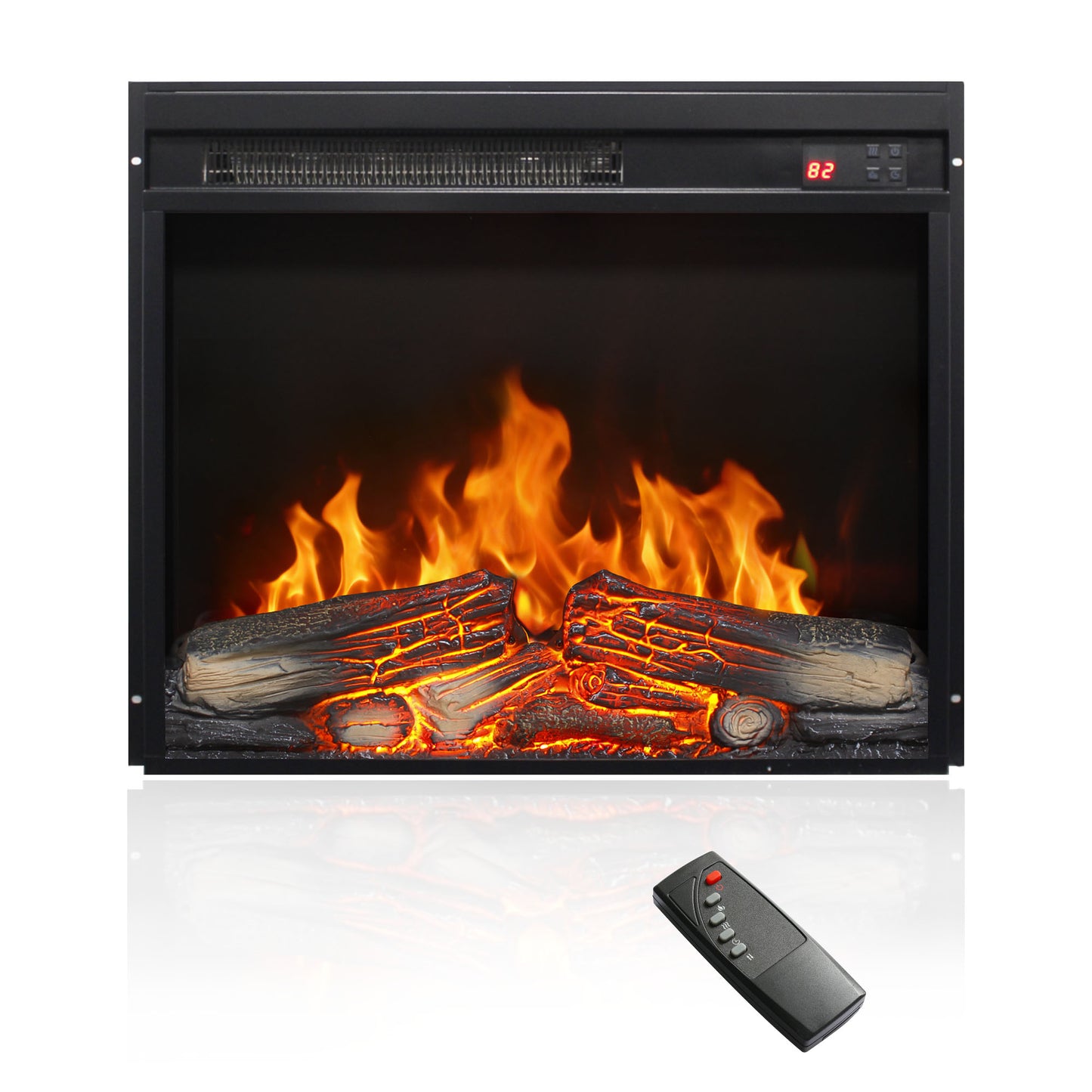 23 inch electric fireplace insert, ultra thin heater with log set & realistic flame, remote control with timer, overheating protection image 1