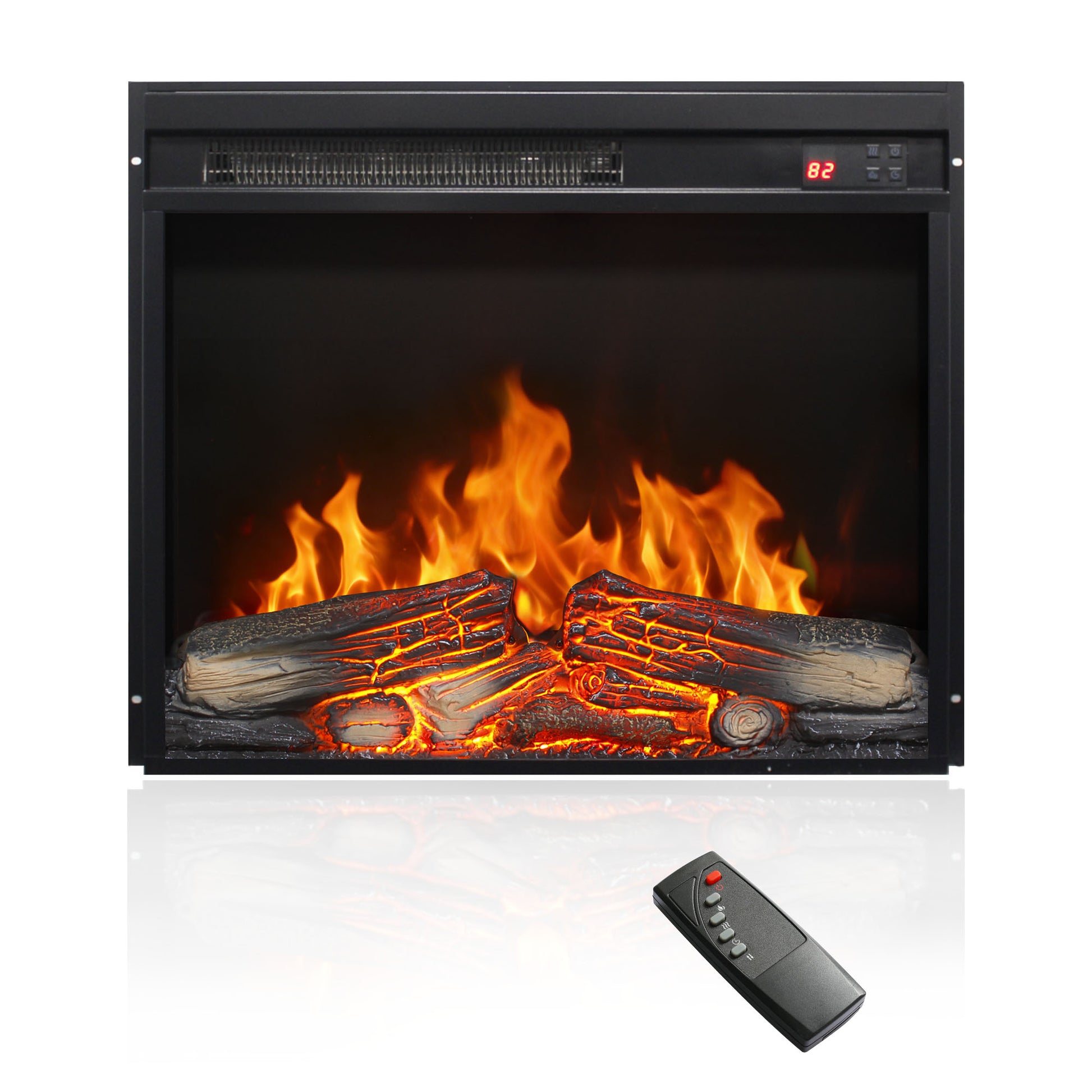 23 inch electric fireplace insert, ultra thin heater with log set & realistic flame, remote control with timer, overheating protection image 1