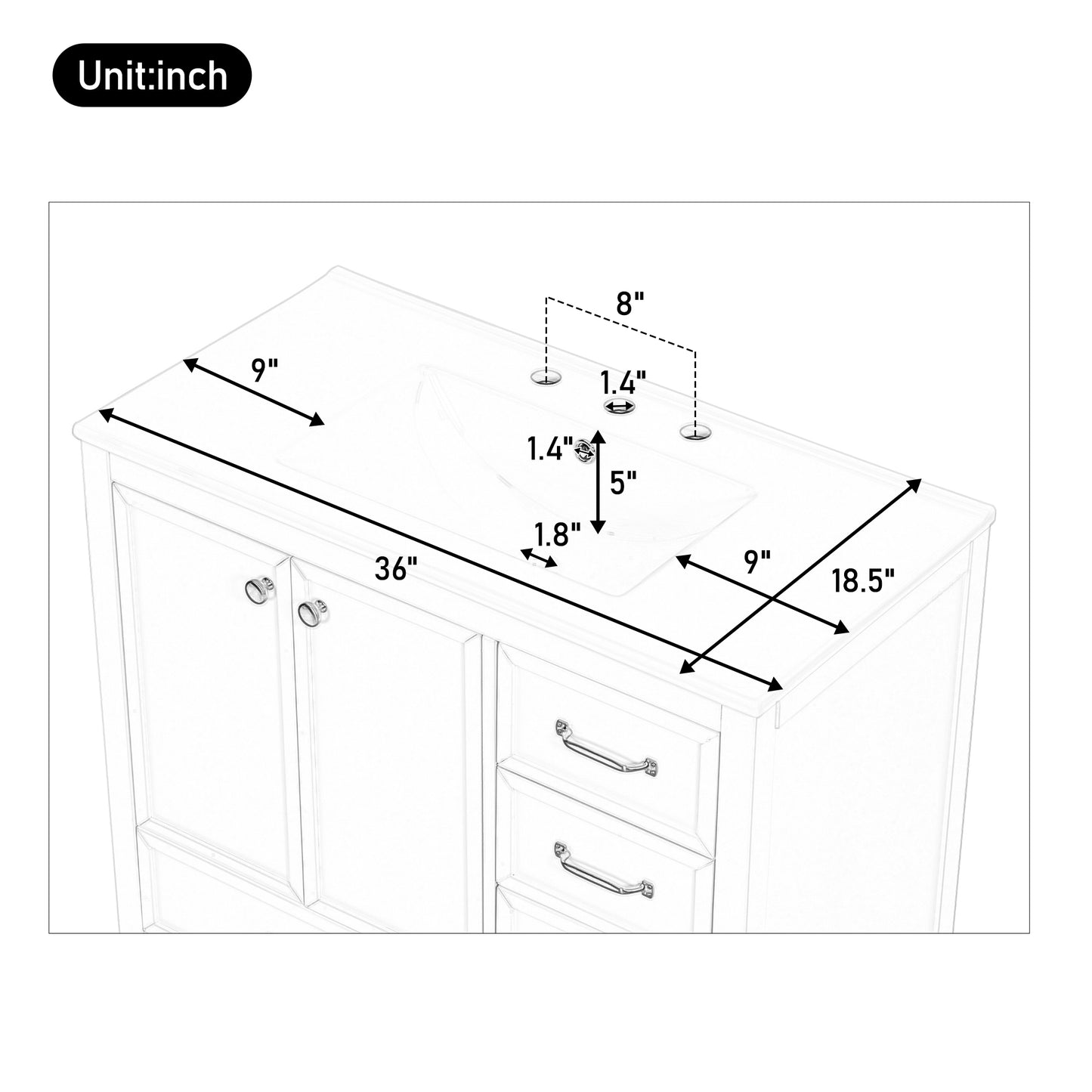 36" Bathroom Vanity with Sink, Bathroom Cabinet with Soft-Closing Door, 4 Drawers of Different Sizes, Solid Wood Frame and Leg, Two Packages, Blue image 8