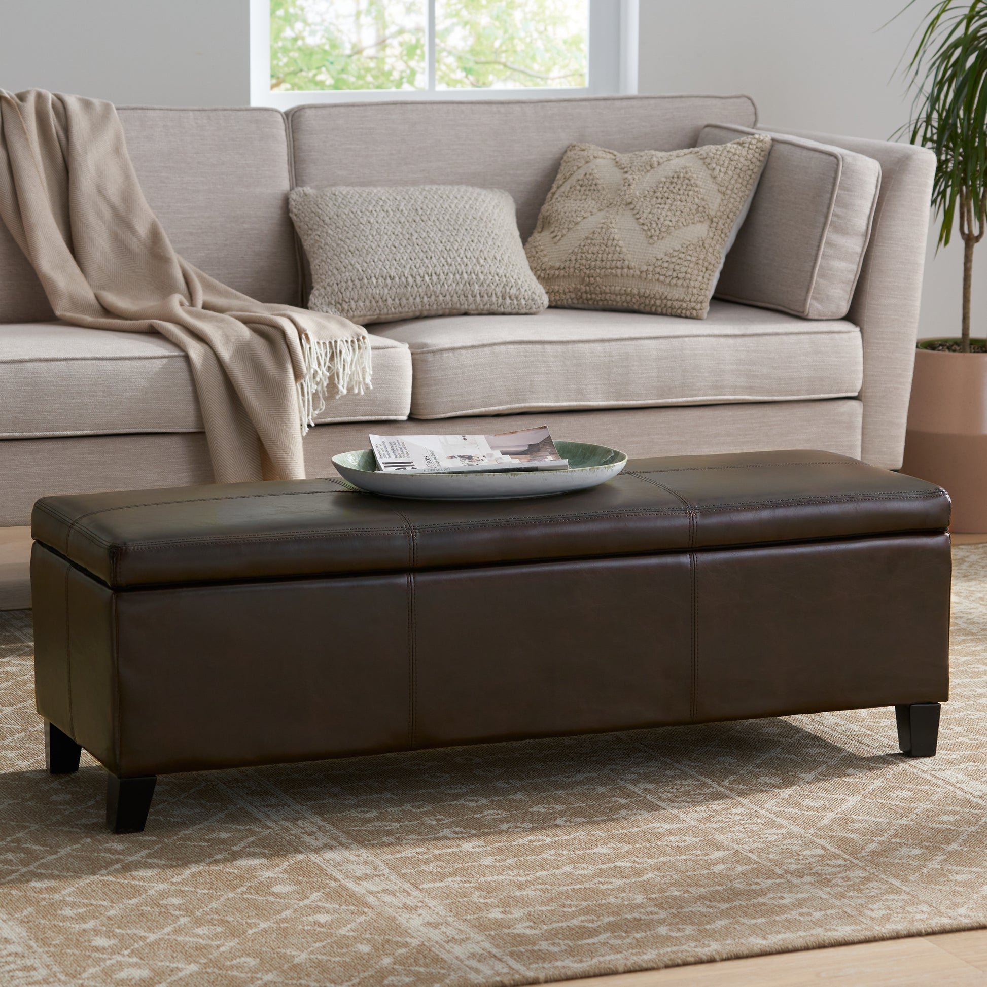 Upholstered PU Leather Storage Ottoman, Solid Wooden Legs (old sku 57742.00BRN) image 3