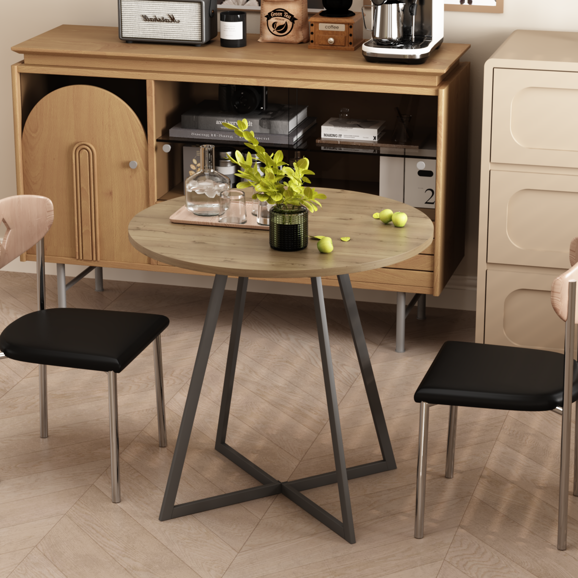 31.5 Inch Round Dining Table, Small Circle Kitchen Table with Metal Black Legs for 2-4 people,Modern Dining Room Table, Brown (only table) image 1