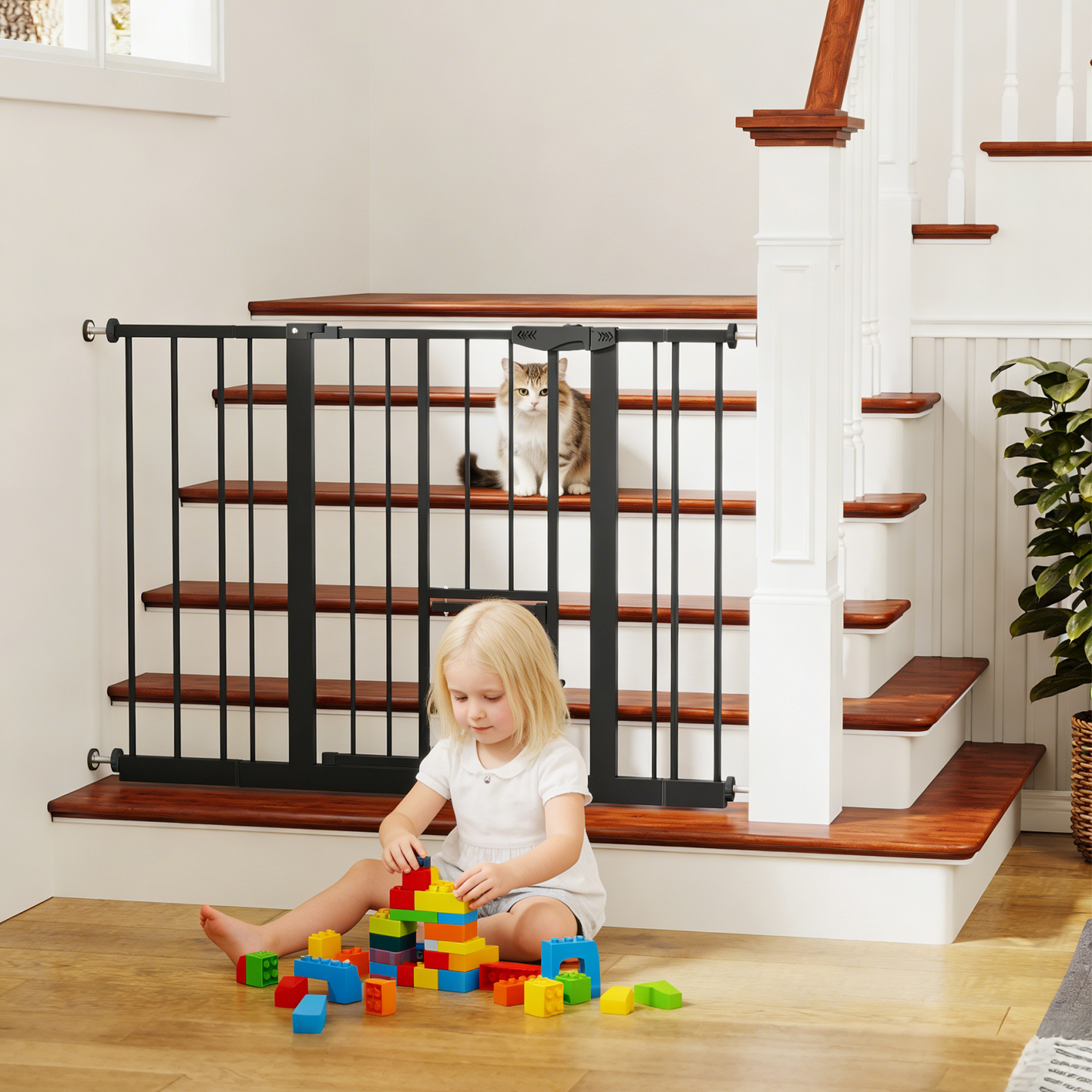 Baby Gate with Cat Door, 29.5-44.1" Metal Pet Door for Stairs & Doorways,Pressure Mounted,No Tools Needed, Black image 6