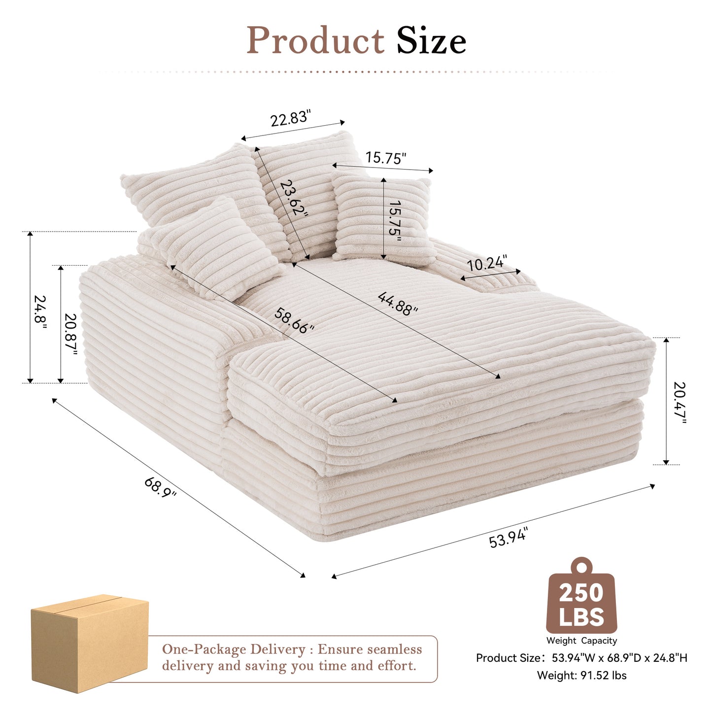 012-Luxury Corduroy Convertible Chaise Lounge with 4 Pillows, Ultra-Soft Sofa Bed No Assembly Required, Instant Setup Lounge Chair Bed for Living Room, Apartment & Small Spaces, Beige image 2