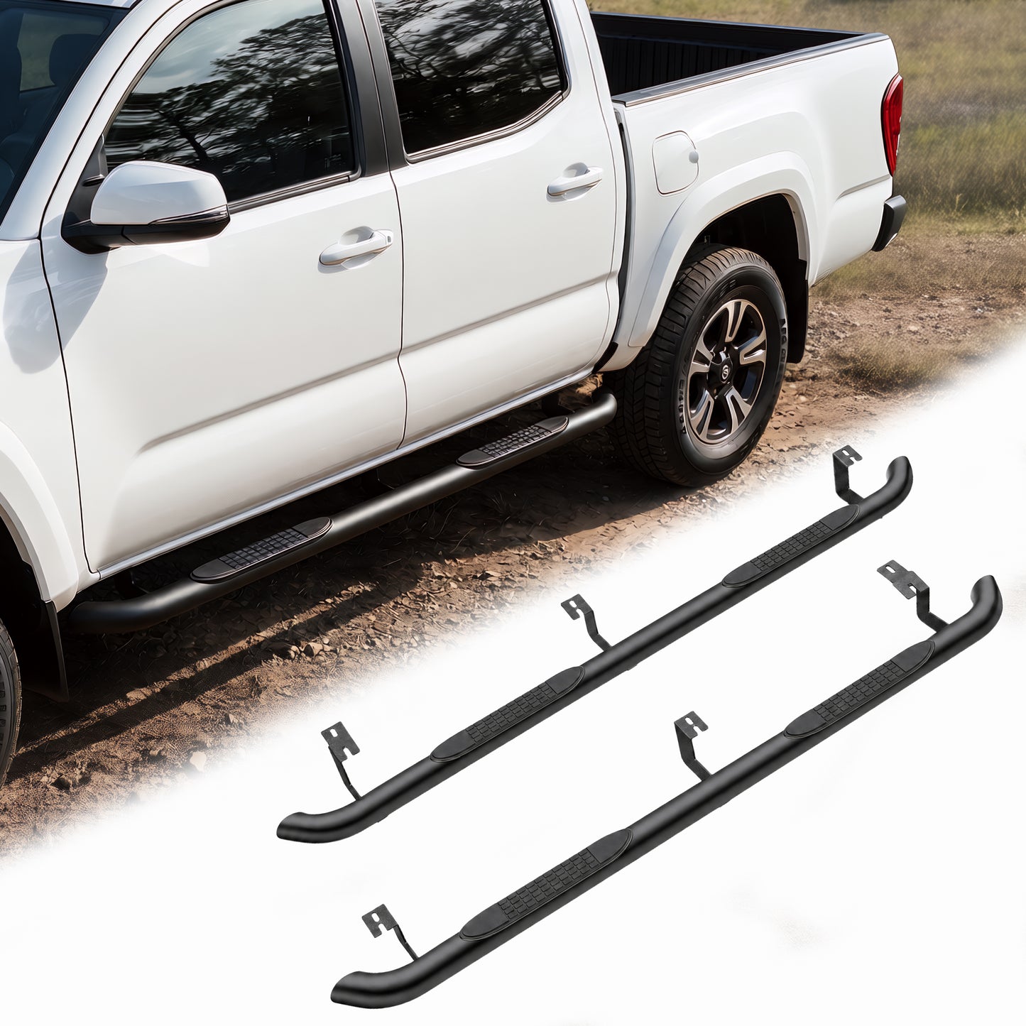 2PCS 4 Inch Running Boards Side Steps Fit Toyota Tacoma 2005-2023 (Crew Cab/Double Cab) Oval Straight Carbon Steel Black Powder, Off-Road Exterior Accessories image 1