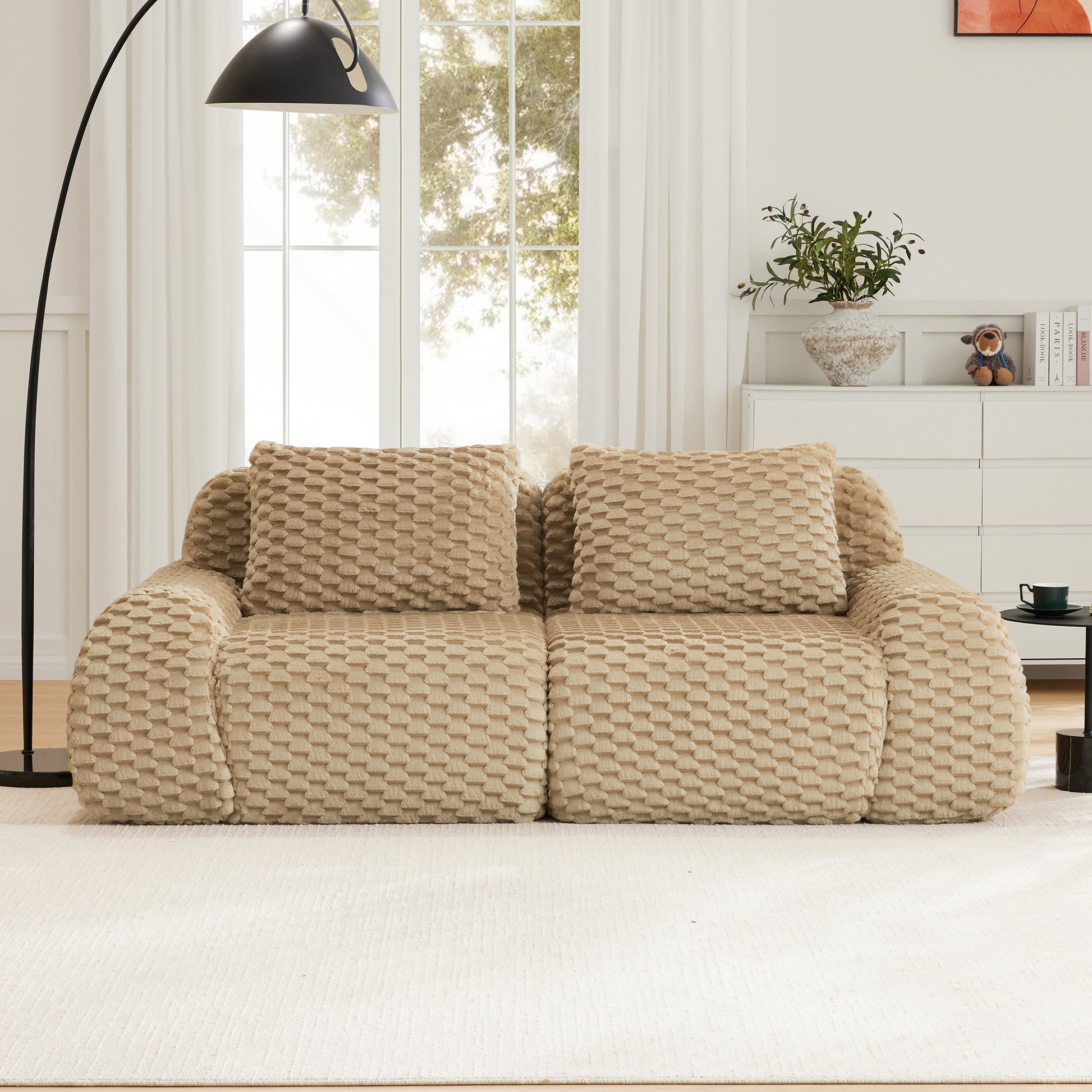 82" Modern Modular Sectional Sofa for Living Room,Flannelette Fabric,highly textured,Oversized 2-Seater Couch with Deep Seat,Buckle connection,Anti-slip Design,No Assembly,boneless sofa,Light Camel image 2