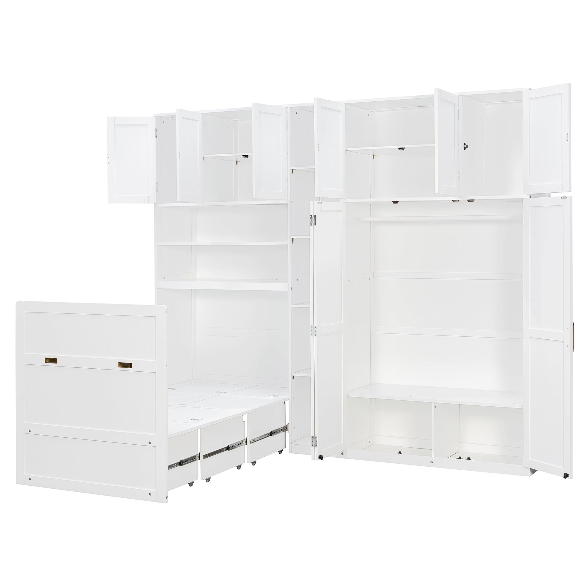Twin Size Murphy Cabinet Bed with Wardrobe & Storage Shelves, 5-Tier LED Display Shelves, Overhead Cabinets, White image 4