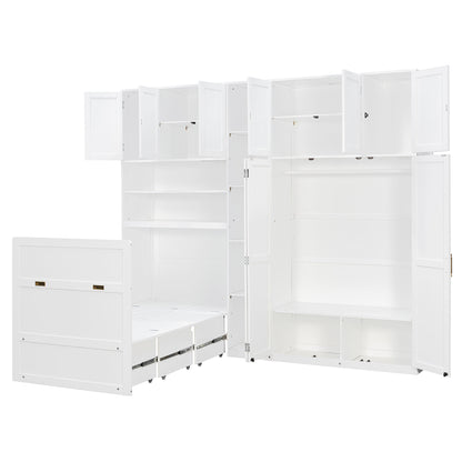 Twin Size Murphy Cabinet Bed with Wardrobe & Storage Shelves, 5-Tier LED Display Shelves, Overhead Cabinets, White image 4