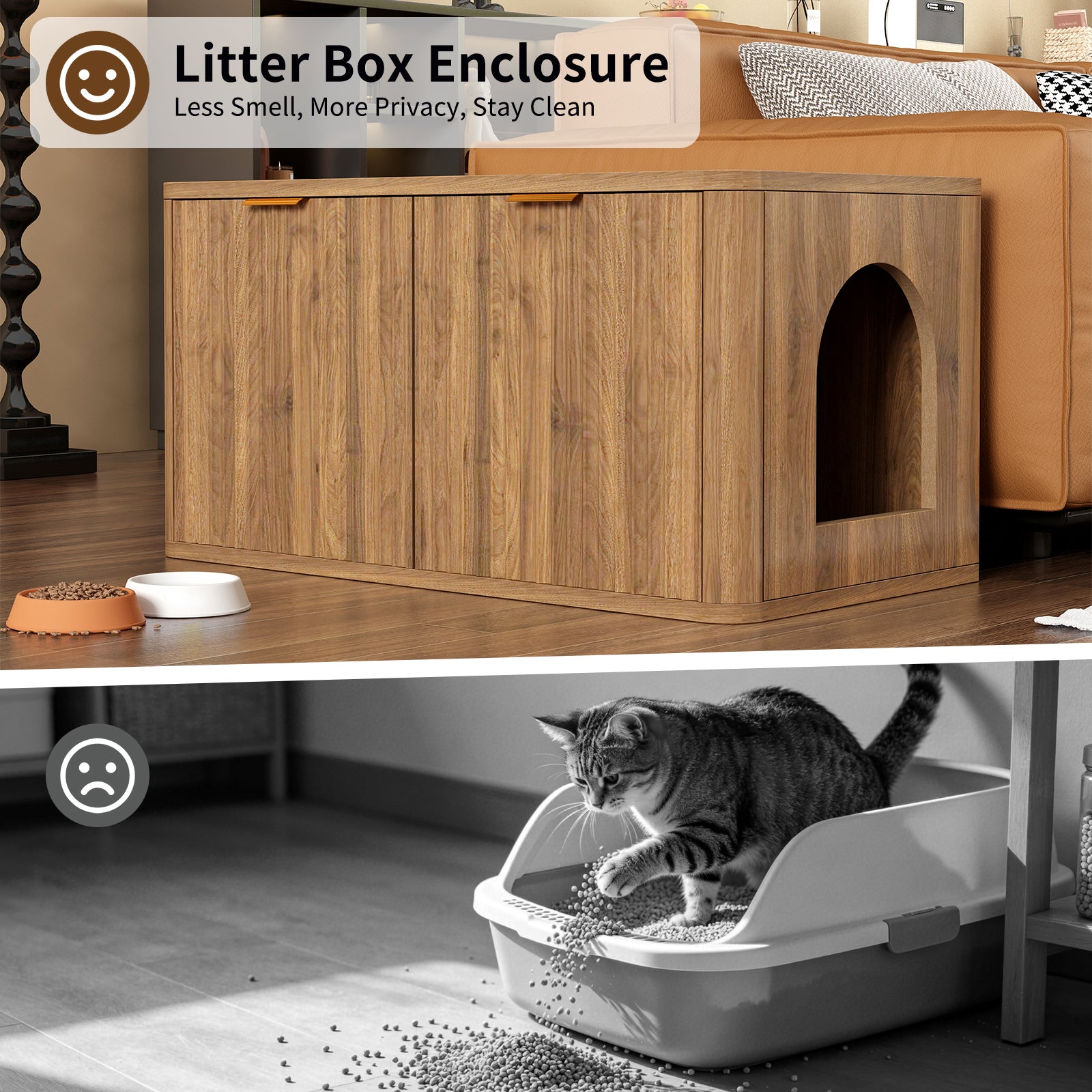 31.5" Walnut Cat Litter Box Enclosure Furniture, Large Decorative Hidden Litter Box Cabinet, Fluted Mid Century Modern Kitty End Table for Living Rooms, Bedrooms, Entryways (WALNUT) image 6