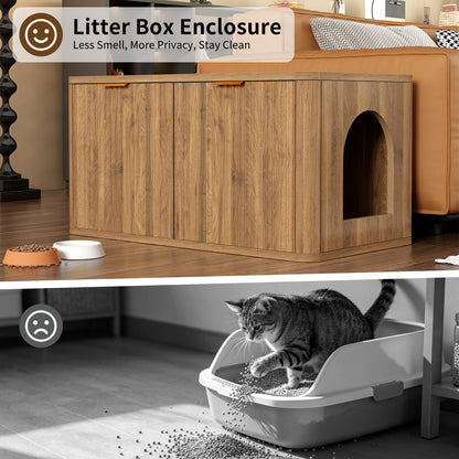 31.5" Walnut Cat Litter Box Enclosure Furniture, Large Decorative Hidden Litter Box Cabinet, Fluted Mid Century Modern Kitty End Table for Living Rooms, Bedrooms, Entryways (WALNUT) image 6