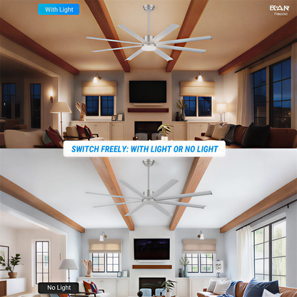 72 INCH Industrial PM DC Motor Ceiling Fan with Light, 8 PCS Aluminum Blades,6-Speed Remote Control, Adjust Height (3 Down rods) Commercial Ceiling Fan For Porch/Garage/Shop-Sliver image 9