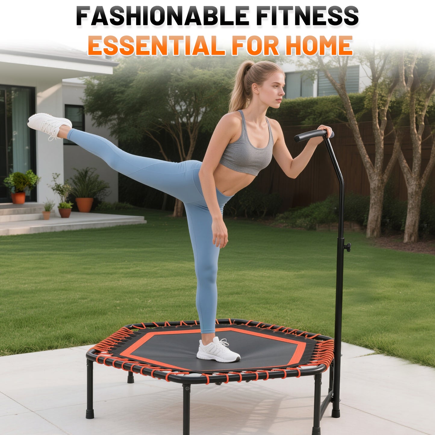 48" Mini Rebounder for Adults with Adjustable Handle Bar, Bungee Ropes, Stable & Quiet, Indoor Outdoor, Whole-Body Workout & Relaxation,Fitness Trampoline for Home and Gym, Cardio & Strength Training image 10