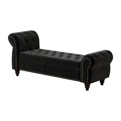 64.5" Bed Bench for Bed Room Nails Tufted Chaise of Lounge with Storage Velvet Upholstery Black image 8