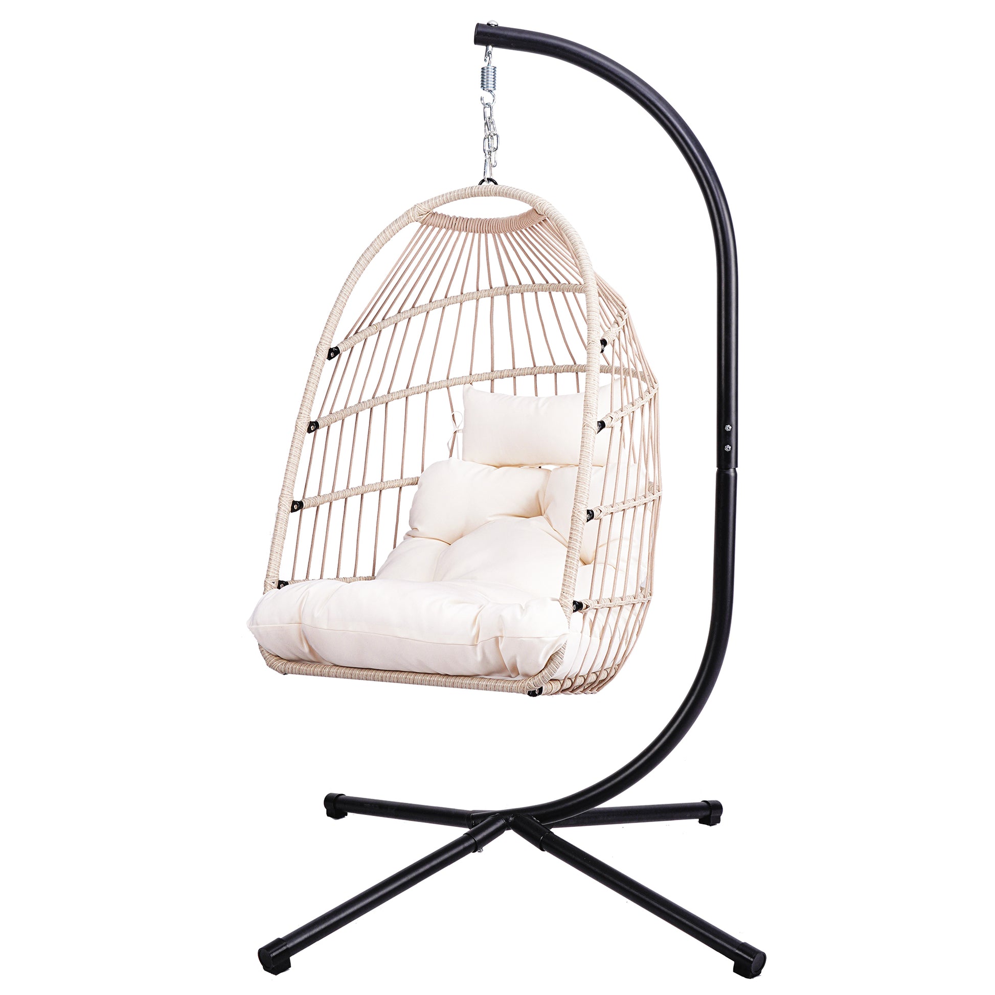 Foldable Hanging Egg Chair with Stand and Pillow, HDPE Rattan and Heavy Duty Aluminum-Steel Frame, Outdoor Patio Wicker Swing Egg Chair with Headrest and Cushioned, 350 Lbs Capacity (White) image 2