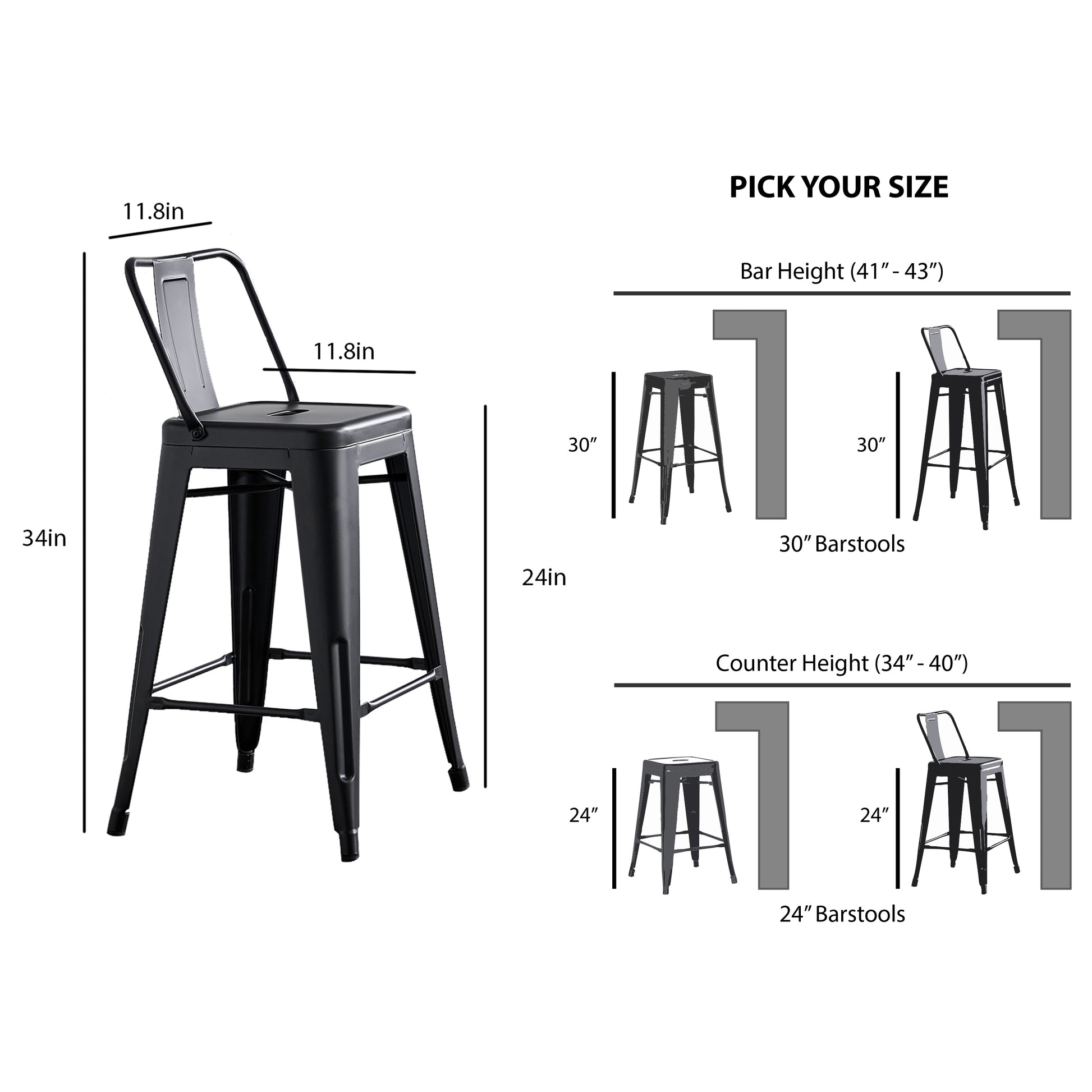 24"Metal Barstool,Country Rustic Style with Back, Kitchen Counter Bar Stool, Lightweight & Sturdy Build, Set of 4 -Matte Black image 7
