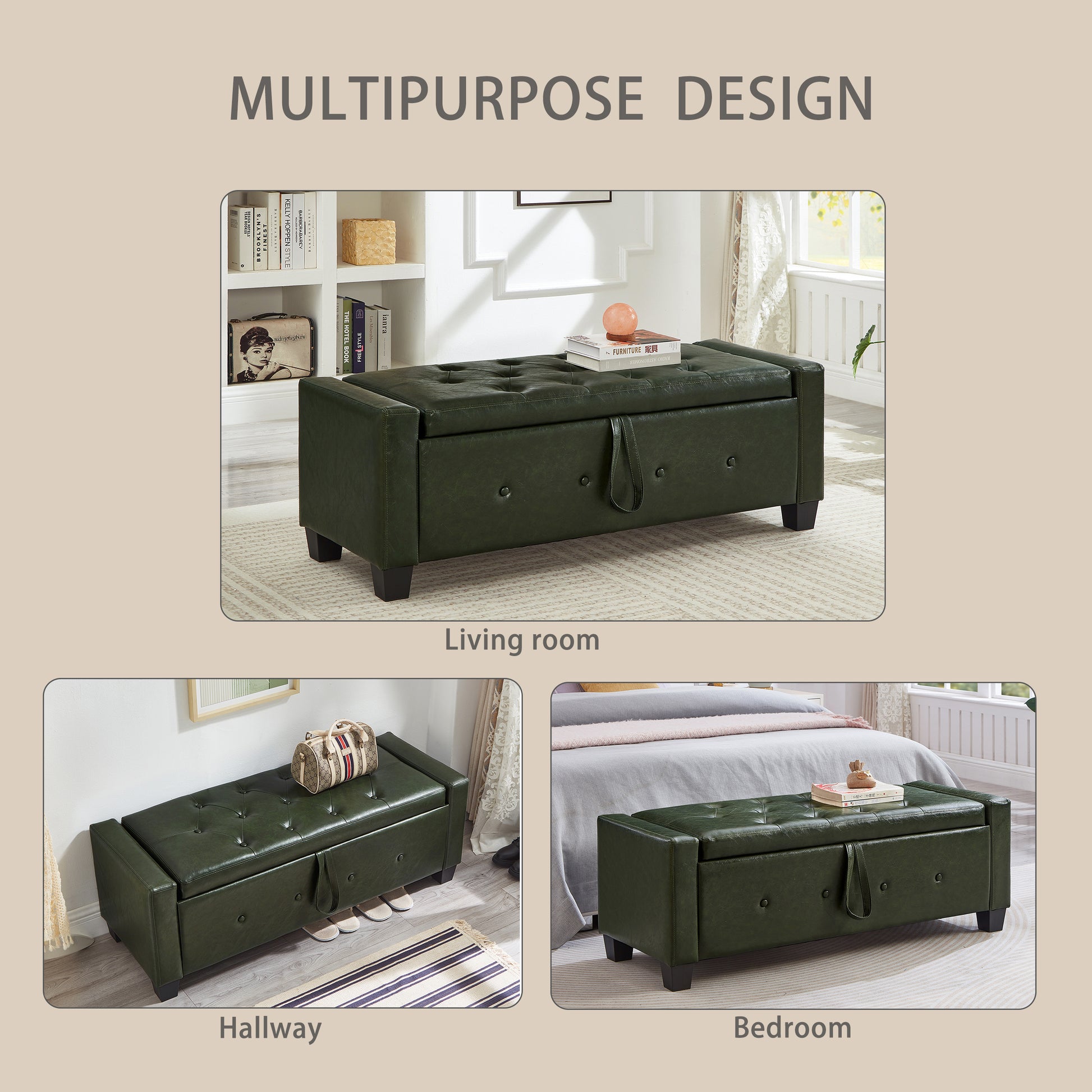 48" Ottoman Bench with Storage, Bench for Bedroom,Living Room,Hallway, Upholstered Tufted Faux Leather PU Ottoman Dark Green image 6