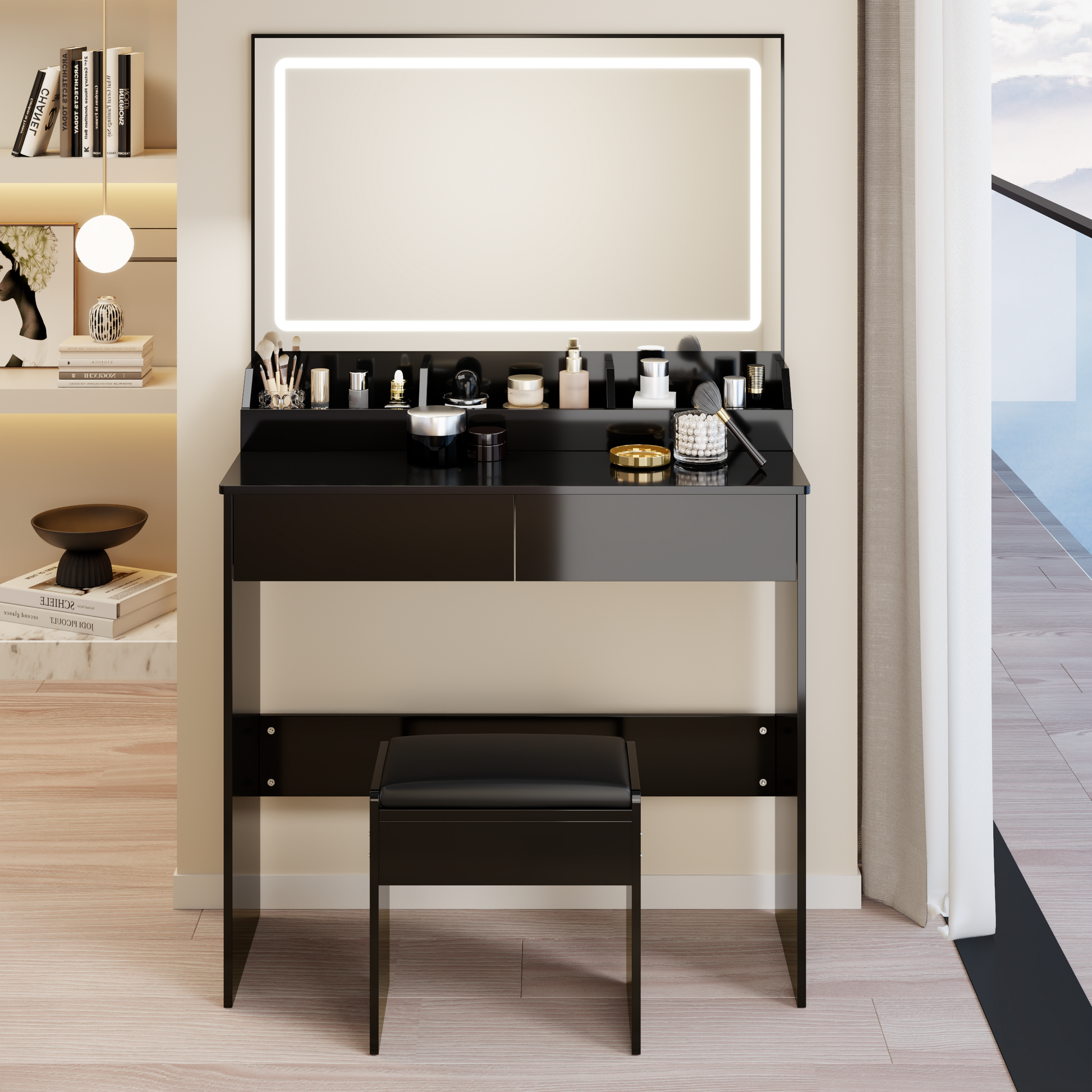 31" x 20" Extra Large LED Mirror Makeup Vanity Table + Soft Cushion Stool Suit, Touch Switch, 3 colors, Adjustable Brightness, Large Capacity Storage, Compact Dressing Table Suitable For Small Space image 12