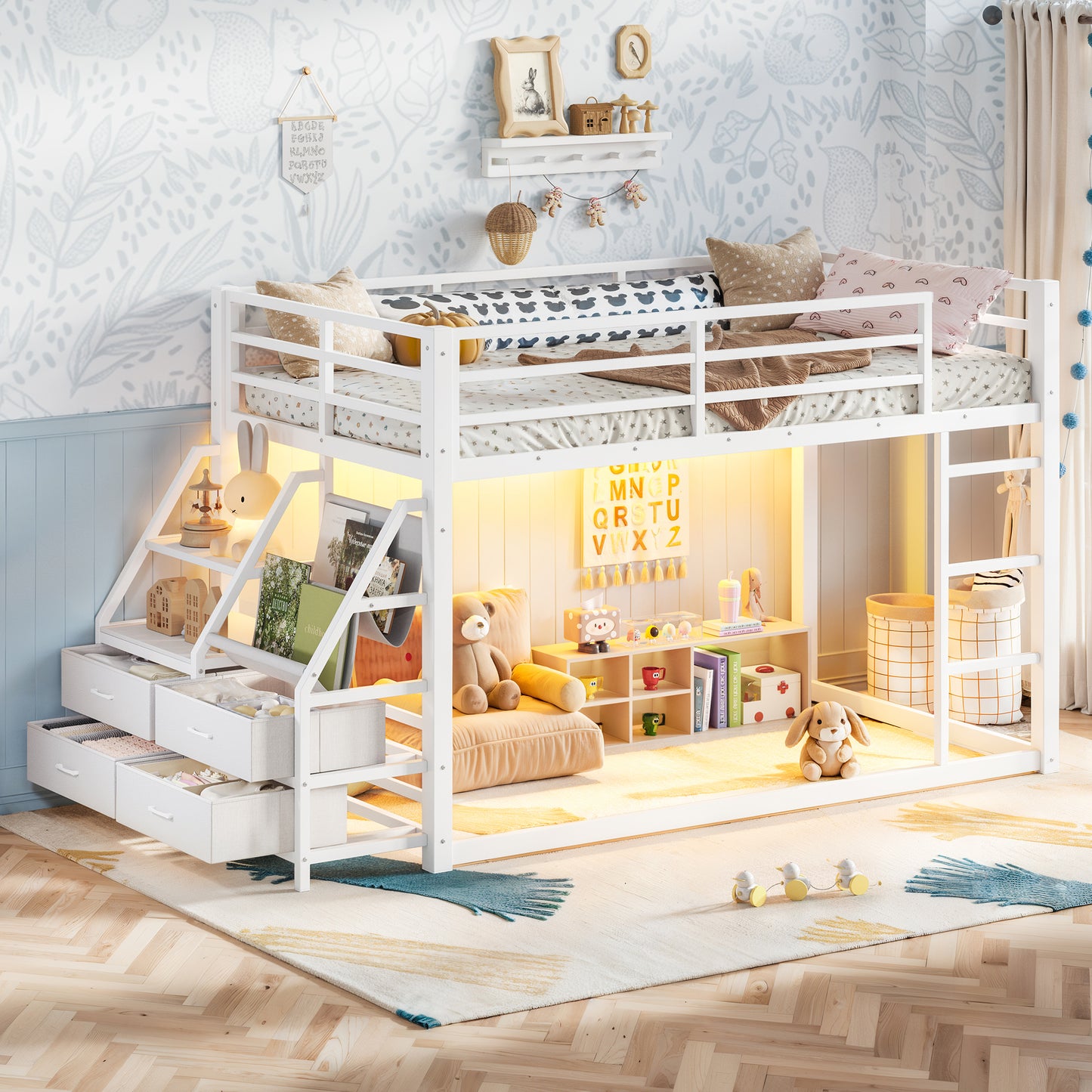 Twin over Twin bunk Bed with Storage Shelves and Drawers, Metal Bunk Bed with LED Lights for Teens, No Box Spring Need.White image 3