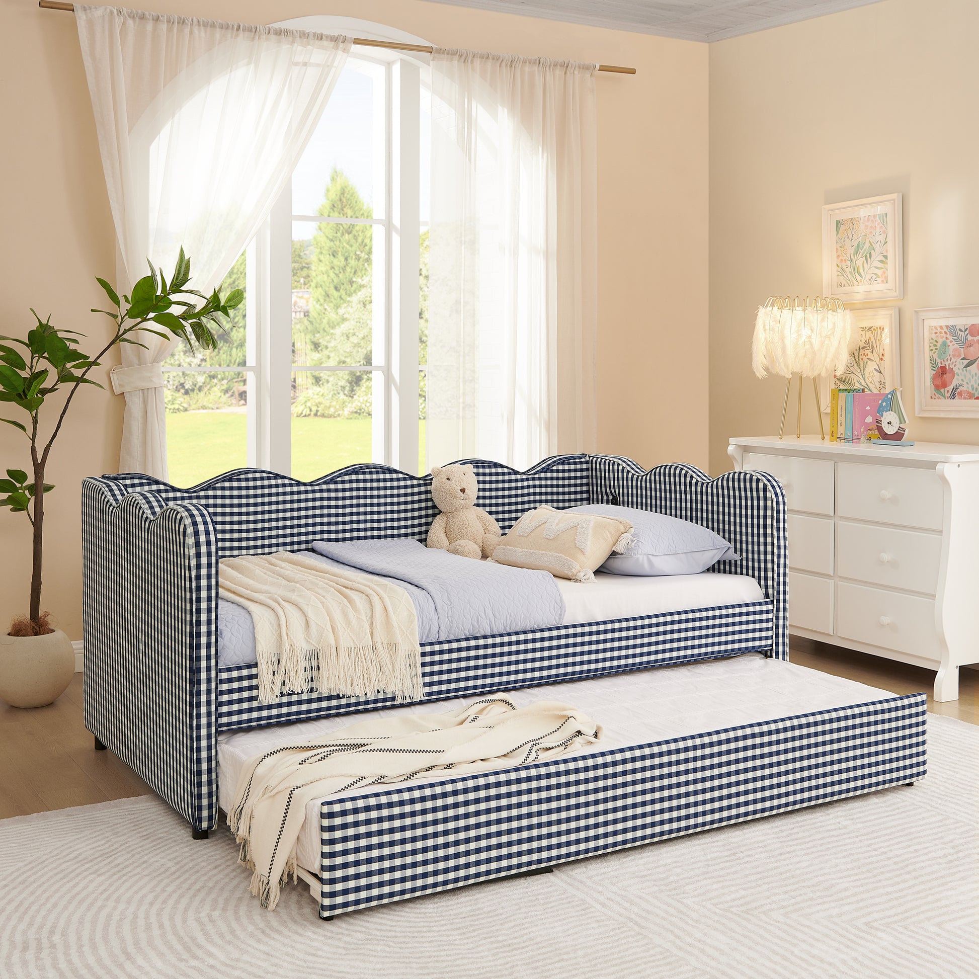 Cozy Gingham Daybed with Trundle Twin Size Sofa Bed No Box Spring Needed, with USB Port and Adorable Wave Shaped, Linen Fabric, Navy image 3
