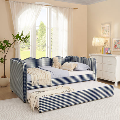 Cozy Gingham Daybed with Trundle Twin Size Sofa Bed No Box Spring Needed, with USB Port and Adorable Wave Shaped, Linen Fabric, Navy image 3