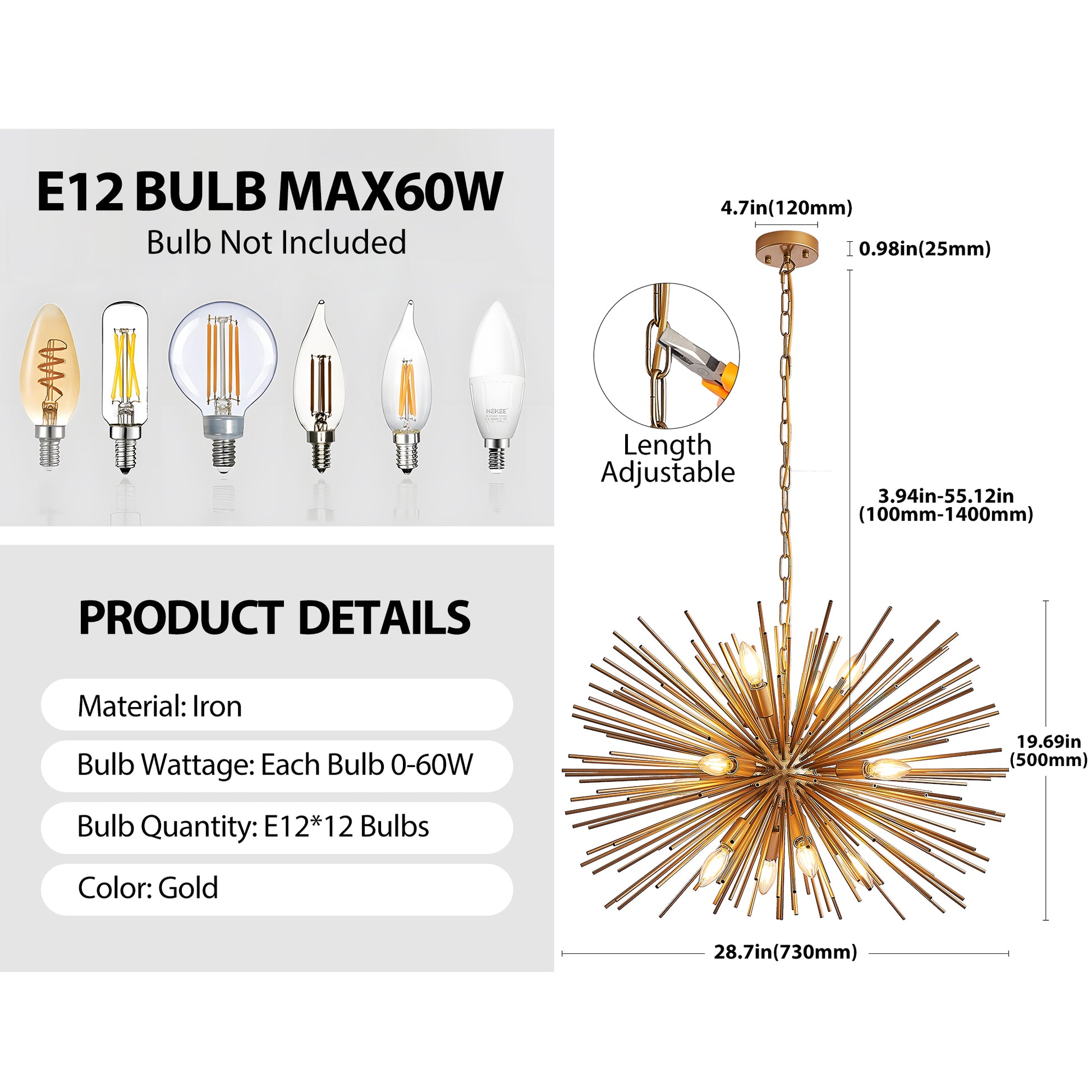 29" Mid-Century Modern 12-Light Starburst Chandelier – Gold Sputnik Pendant Light Fixture for Living Room, Dining Room, or Foyer (Bulb Not Included) image 10