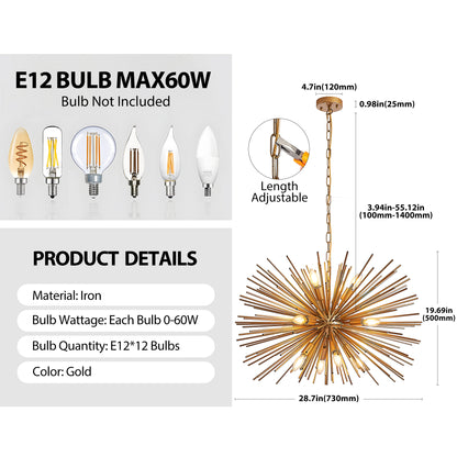 29" Mid-Century Modern 12-Light Starburst Chandelier – Gold Sputnik Pendant Light Fixture for Living Room, Dining Room, or Foyer (Bulb Not Included) image 10