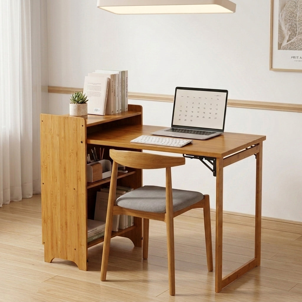 Bamboo Folding Desk, Foldable Desk for Small Space, Computer Desk with Hidden Storage, Mid Century Foldable Table for Home Office and Bedroom (NATURAL WOOD) image 1