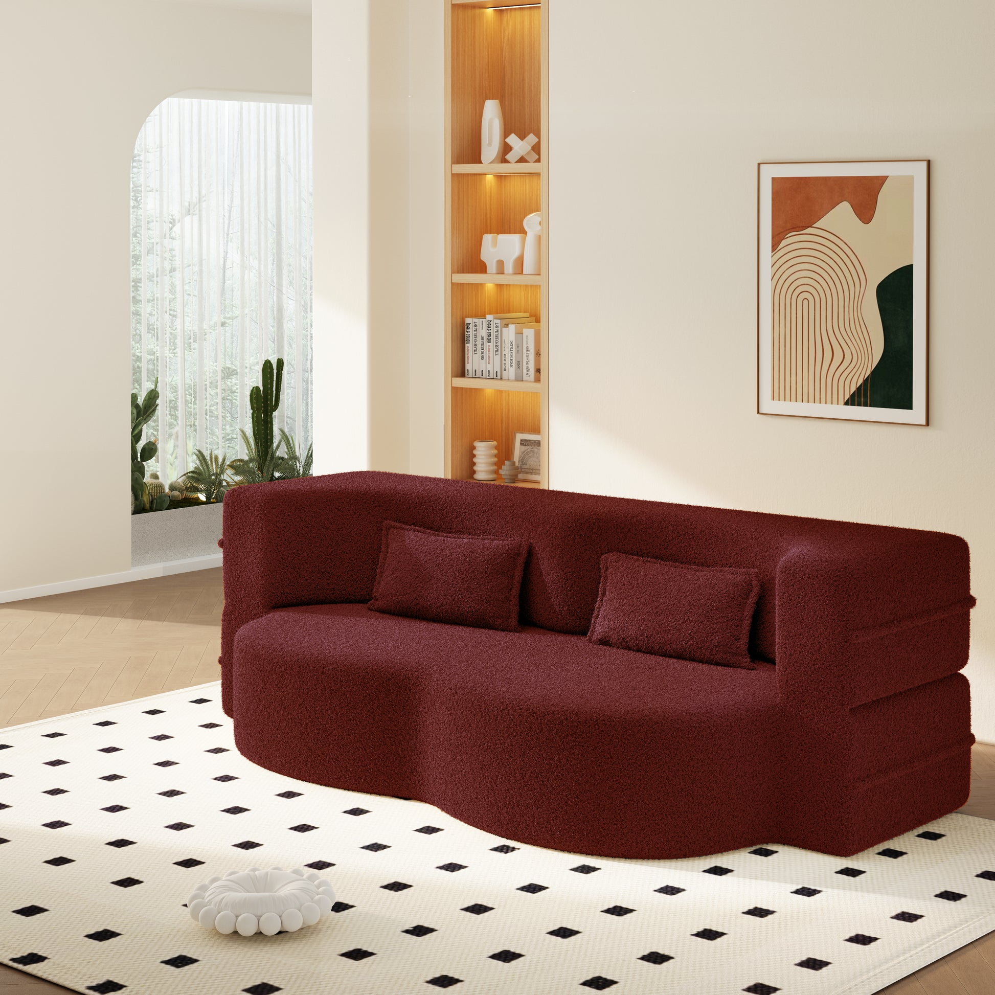 Modern Floor Sofa with 2 Pillows,Convertible Sherpa Fleece Fabric Foam-Filled Sleeper Sofa Bed,15" Twin Size Folding Mattress for Living Room,Guest Bed,Playroom,no assembly required,Burgundy image 5