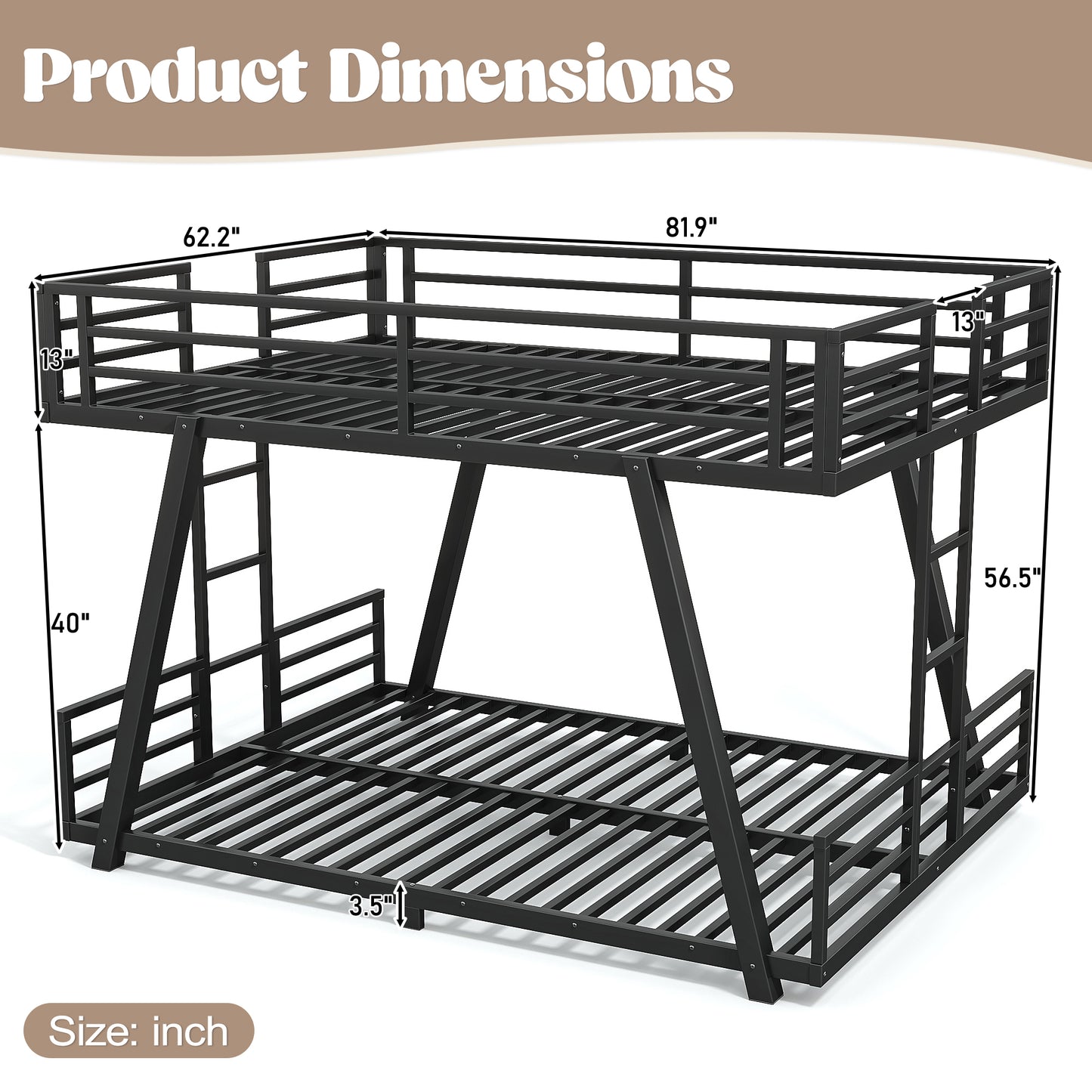 Queen over Queen Bunk Bed with 2 Side Ladders, Metal Bunk Bed with Spdcial Support Leg Design, Low Profile Bunk Bed, Black image 4